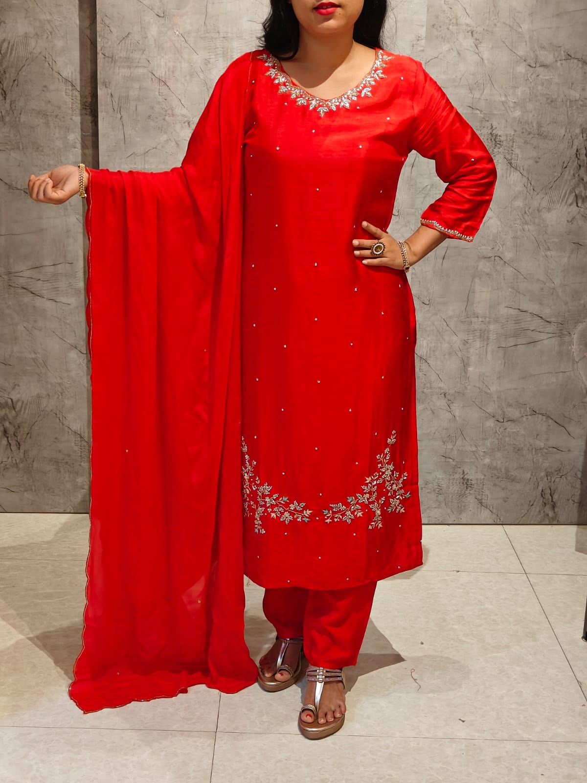 Red Dola Silk Hand Embroidery Straight Fit Kurtha 022