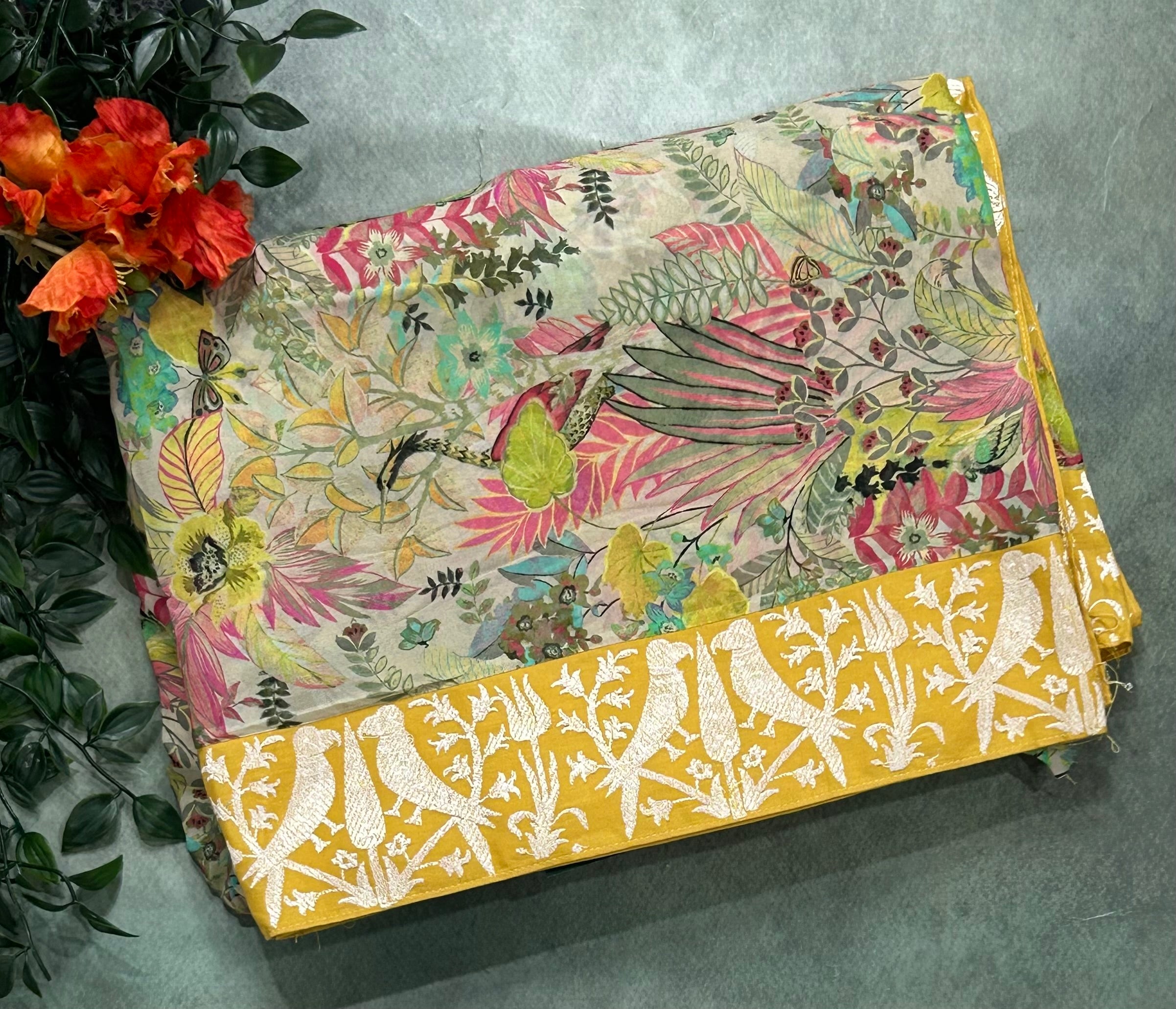 Cream n yellow digital printed border 104 chinnon saree