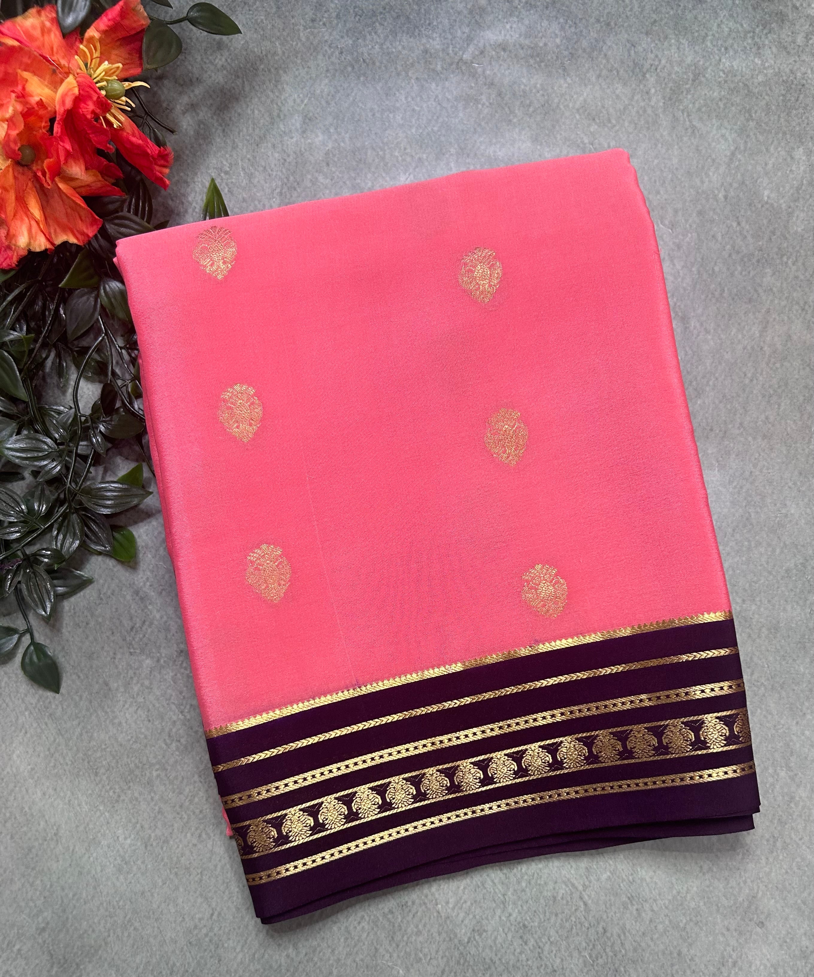 Peach stripes border pure Mysore silk 106 saree