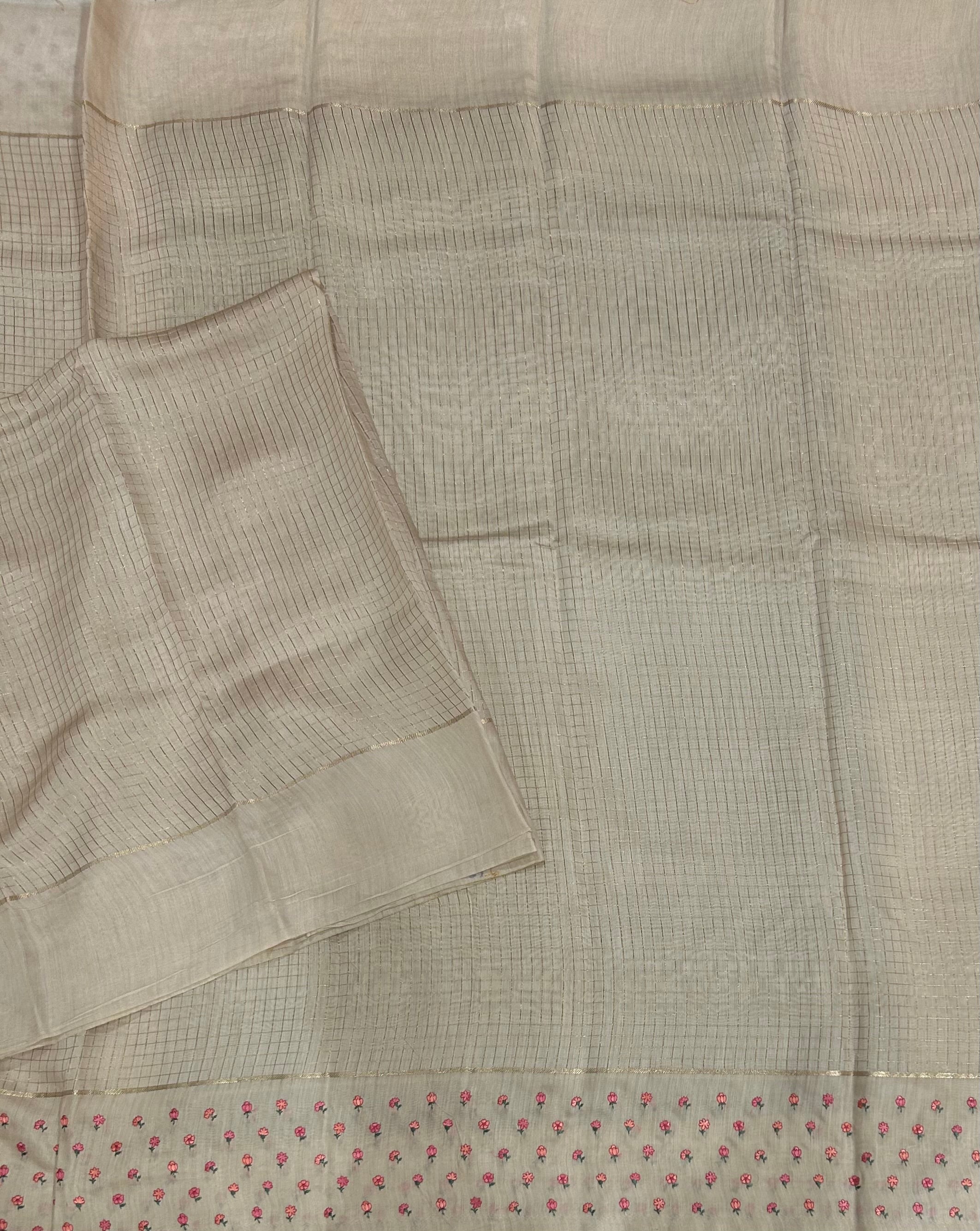 Beige checks embrodiery butta border soft tussar crepe 104 saree