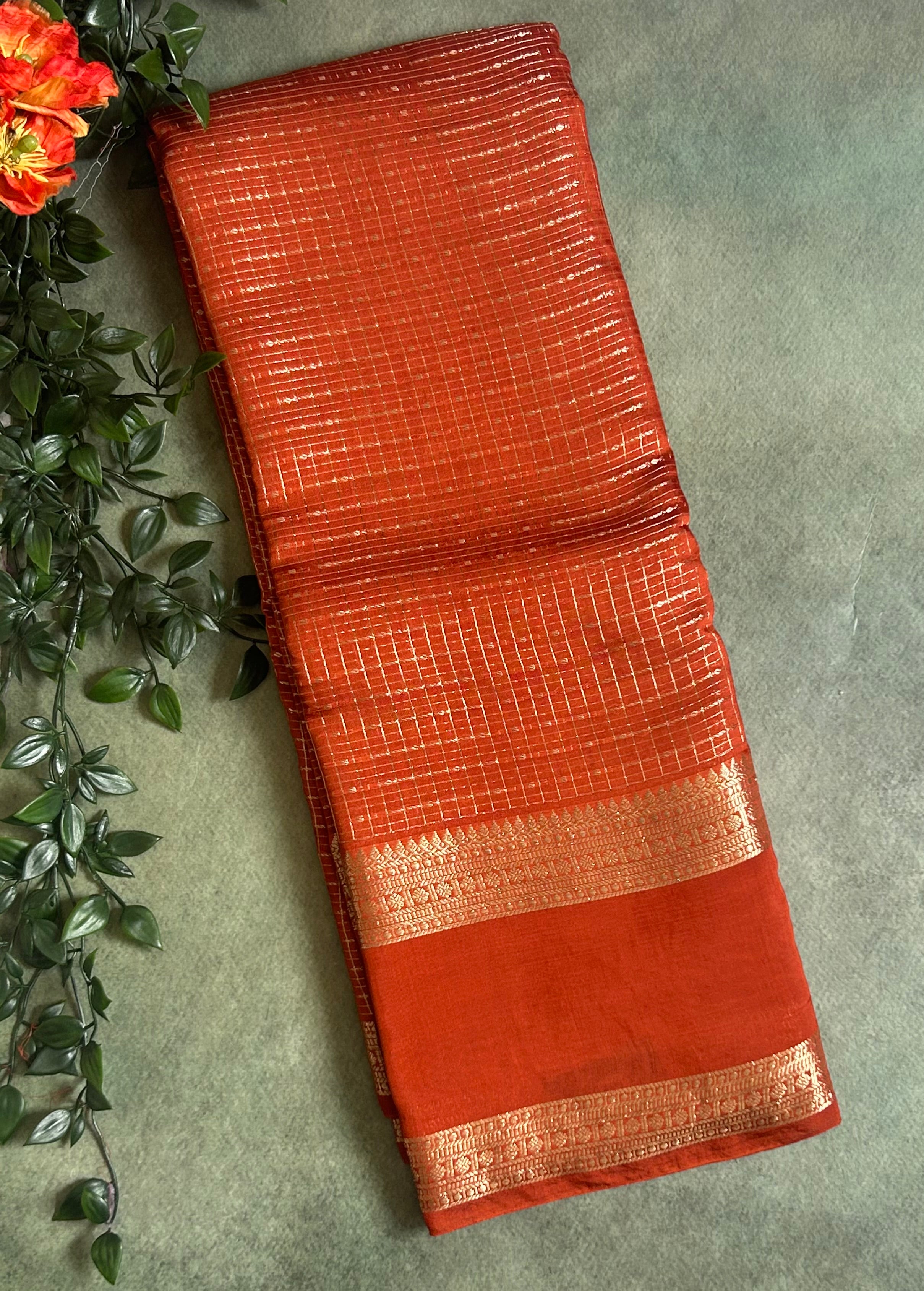 Rust orange small checks soft Tussar 03 crepe saree