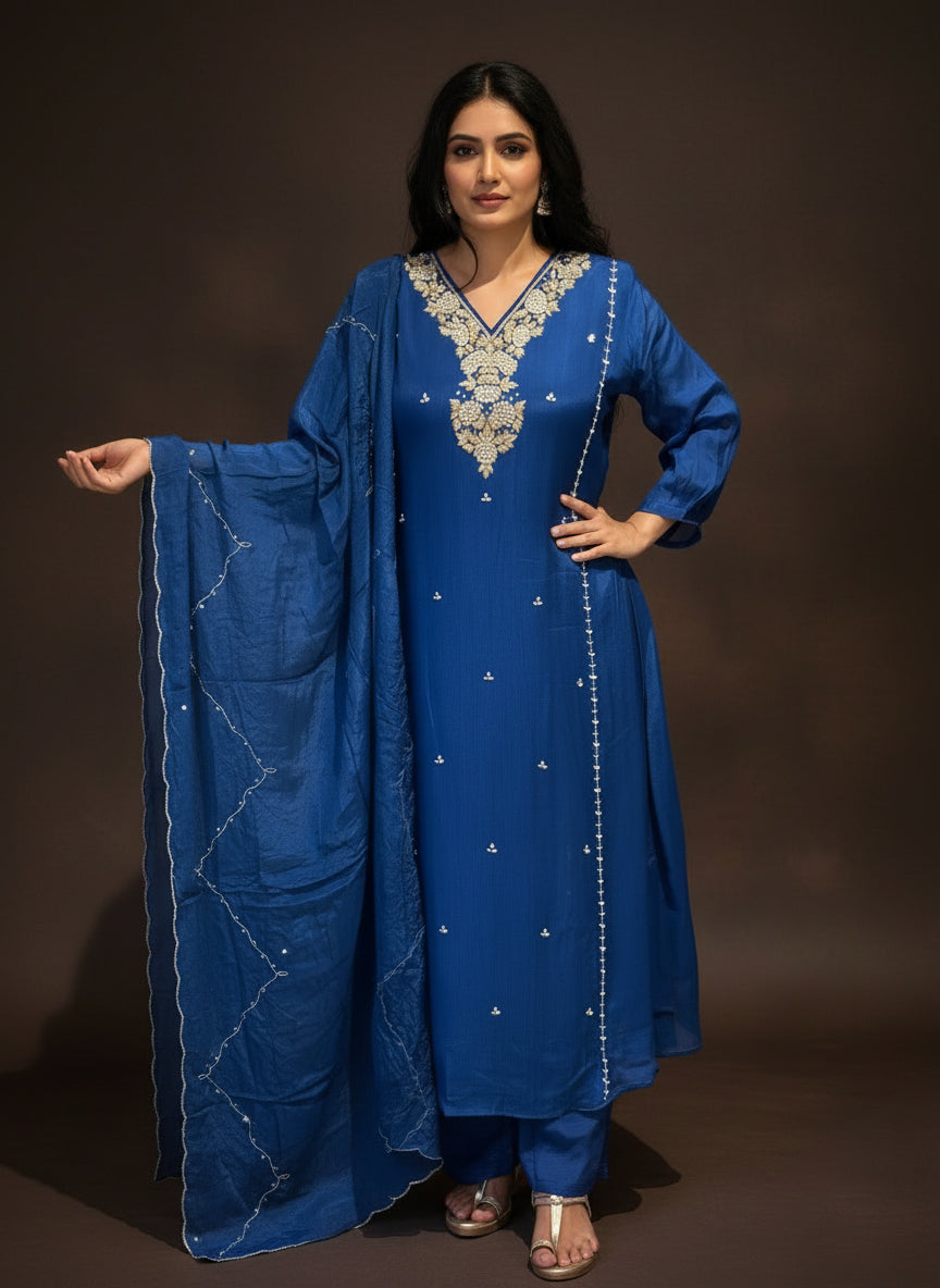 Dark Blue Chinnon Hand Embroidery Airline Kurtha 444
