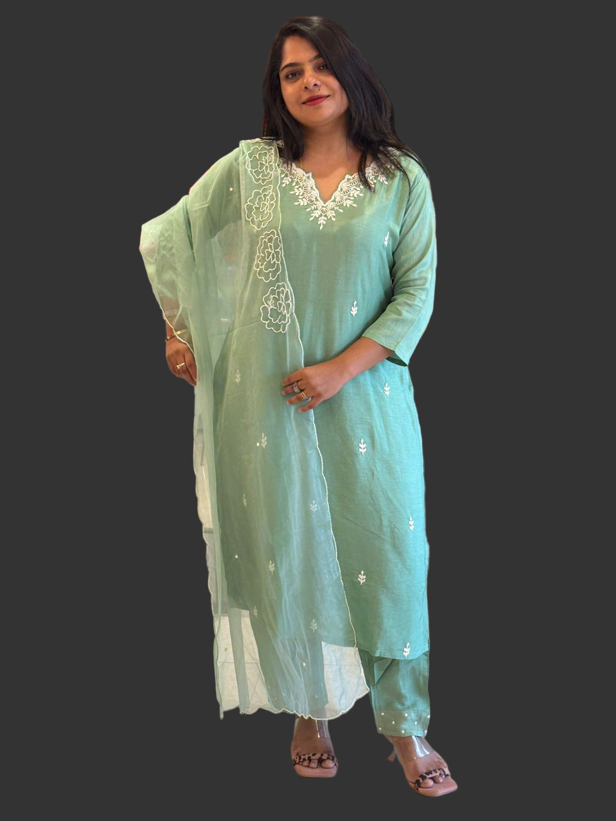 Pista Green Pearl Handwork Dola silk Kurtha 811