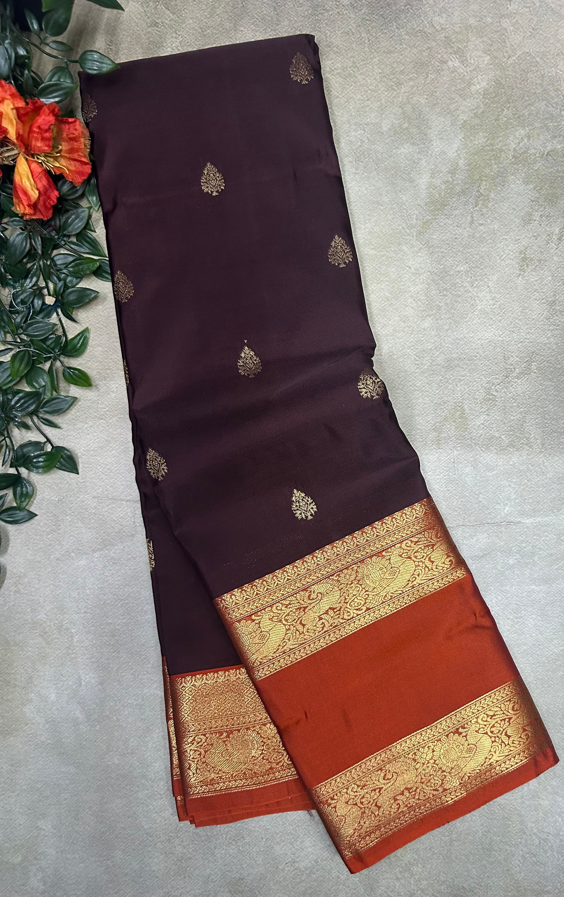 Dark brown Bentex border semi Kanchi-105 saree