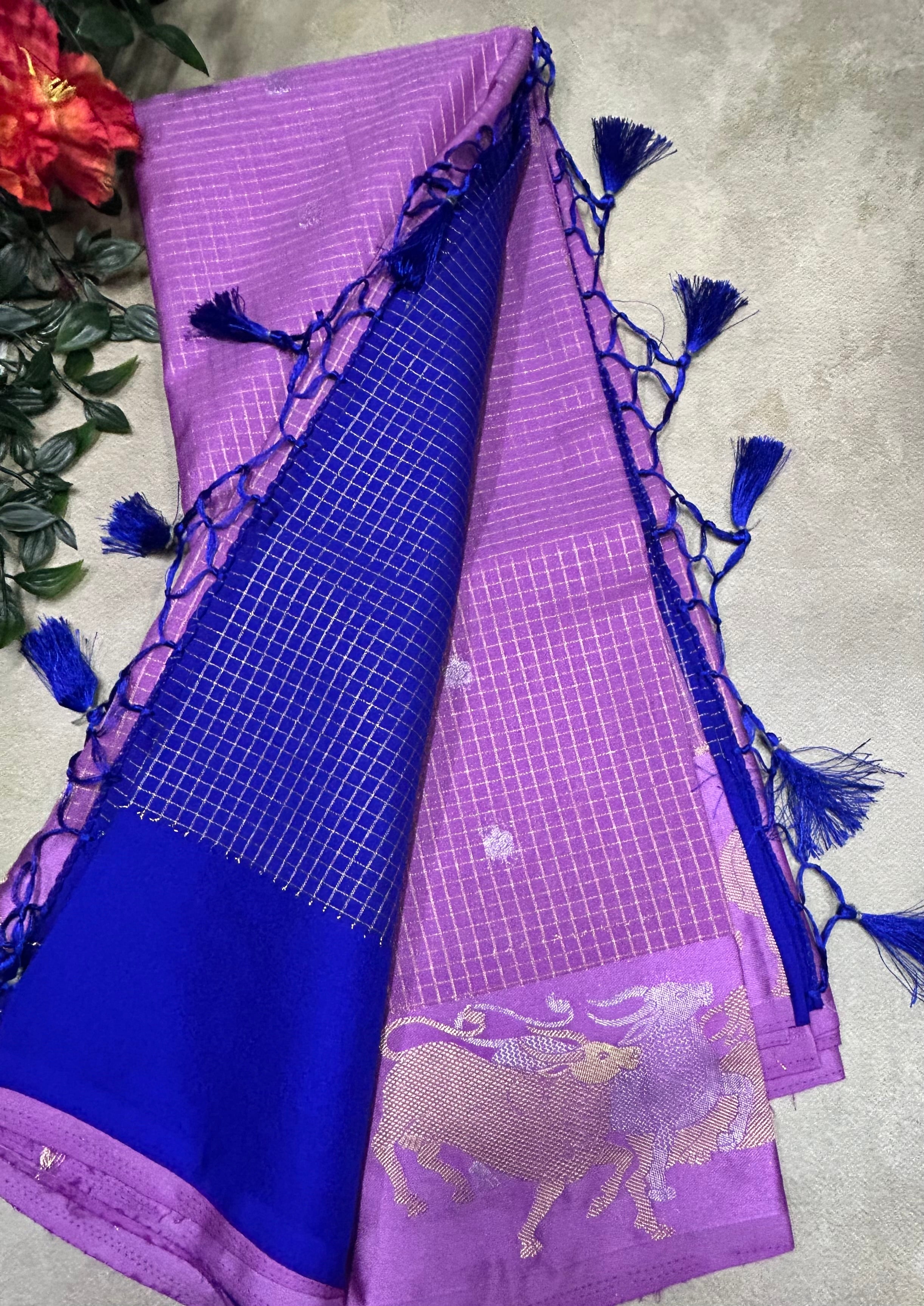 Light purple small checks semi Mysore crepe saree(SMC106)