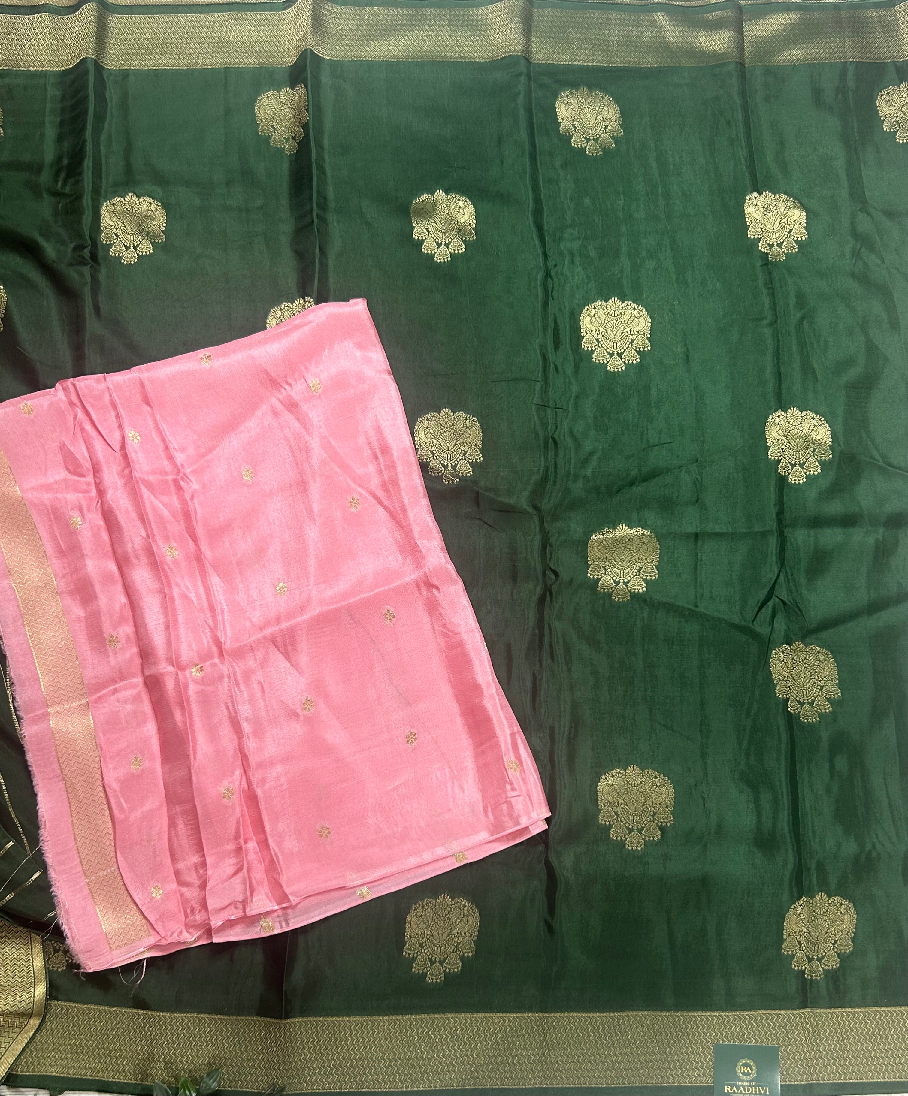 Bottle green  big Butta contrast semi Mysore crepe 105 saree