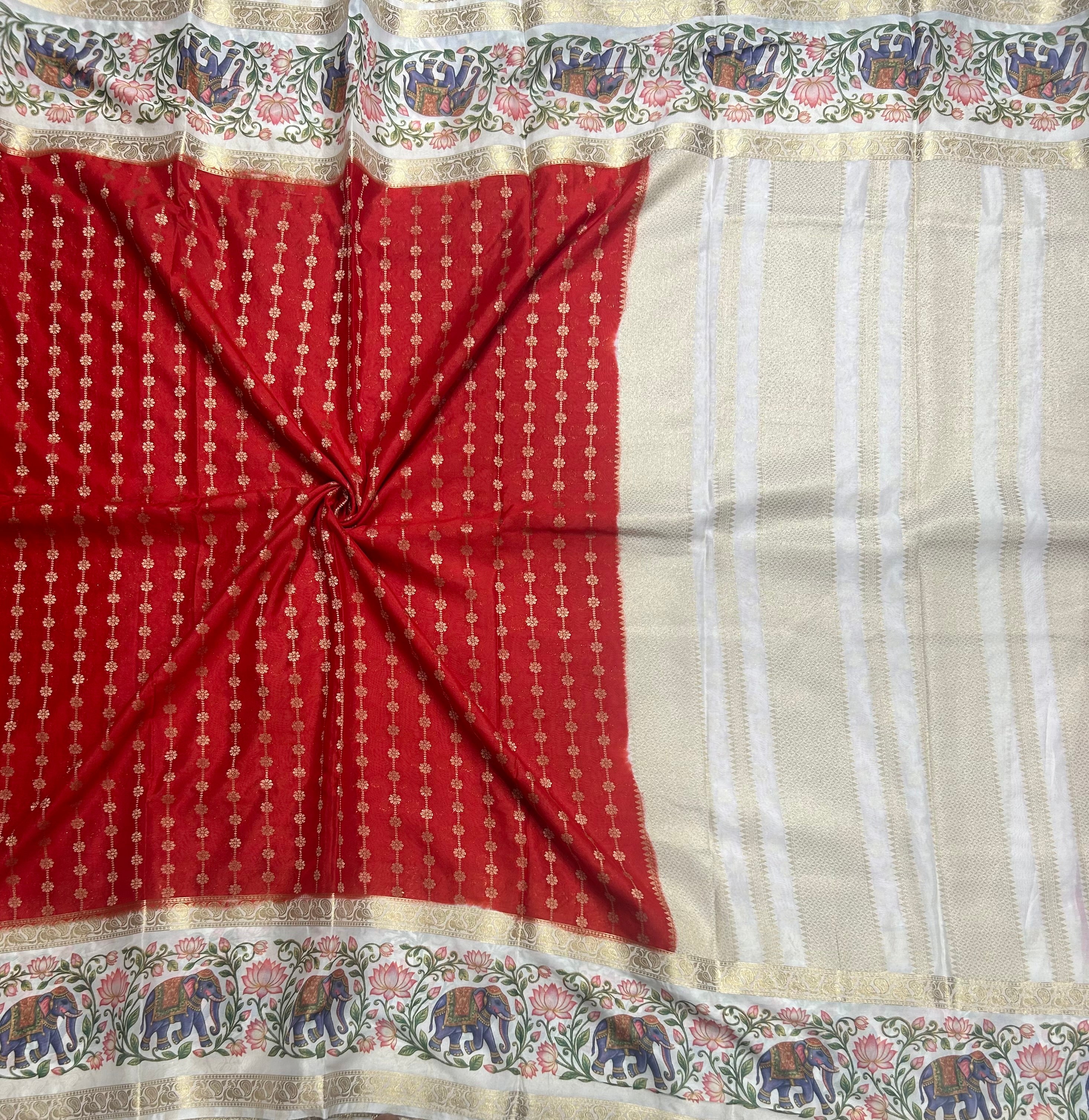 Red bentex border printed semi Mysore 105 saree