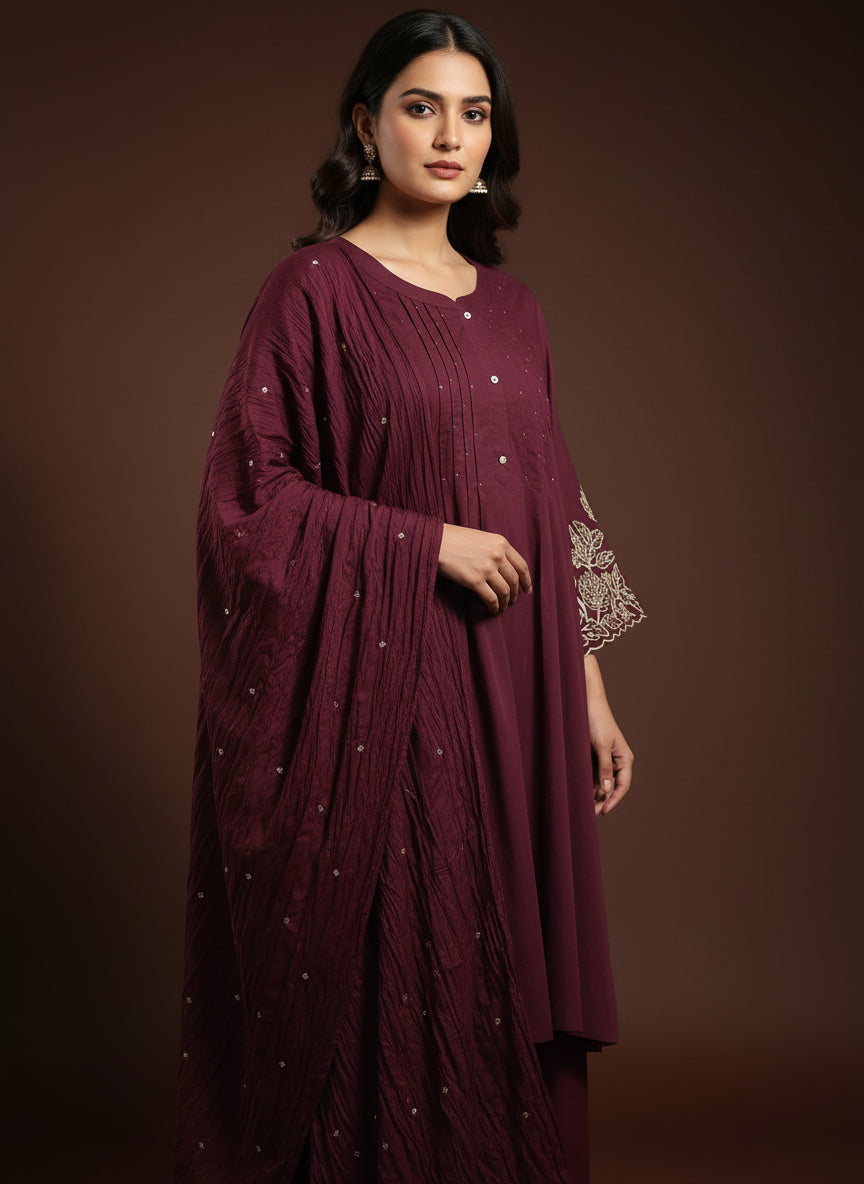 Purple  Cotton Thread Embroidery Straight Fit pulse size Kurtha