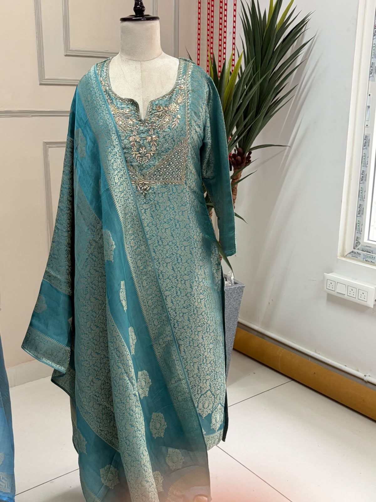 Steal Blue Banarasi Tissue Silk Straight Kurtha 112