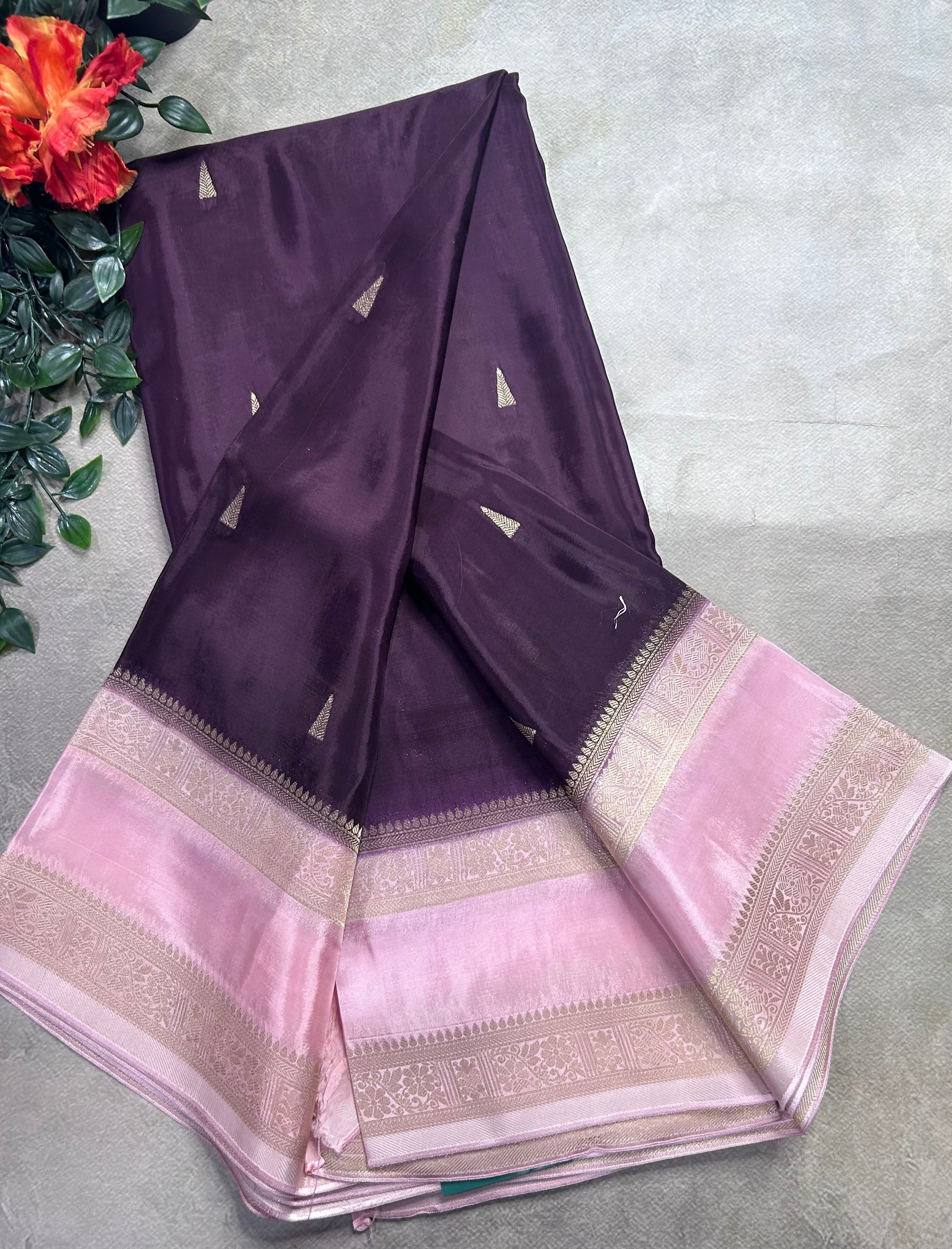 Brown contrast bentex border semi Mysore crepe 106 saree
