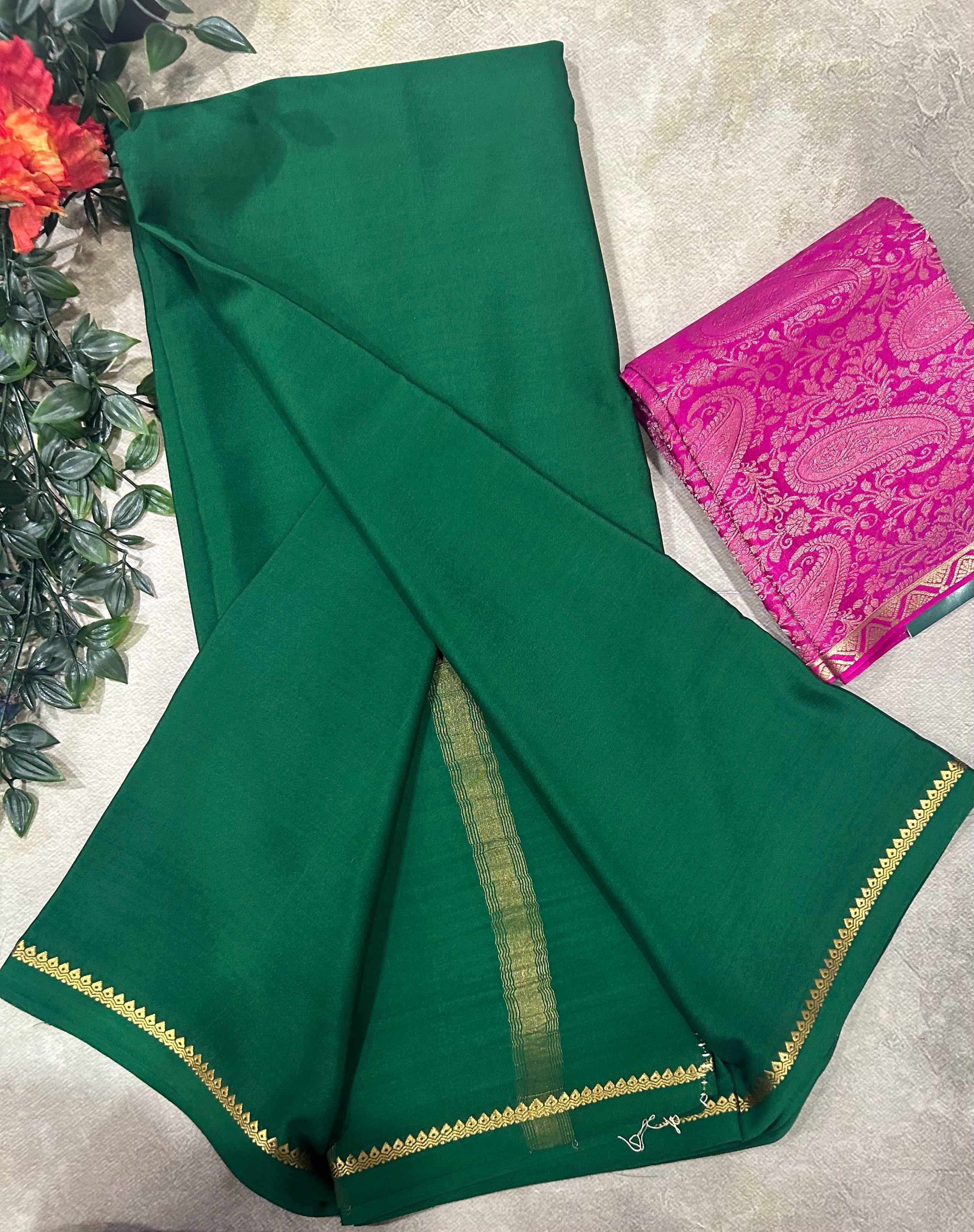Bottle green plain pure mysore crepe silk saree with Mysore brocade blouse piece(MSM106)