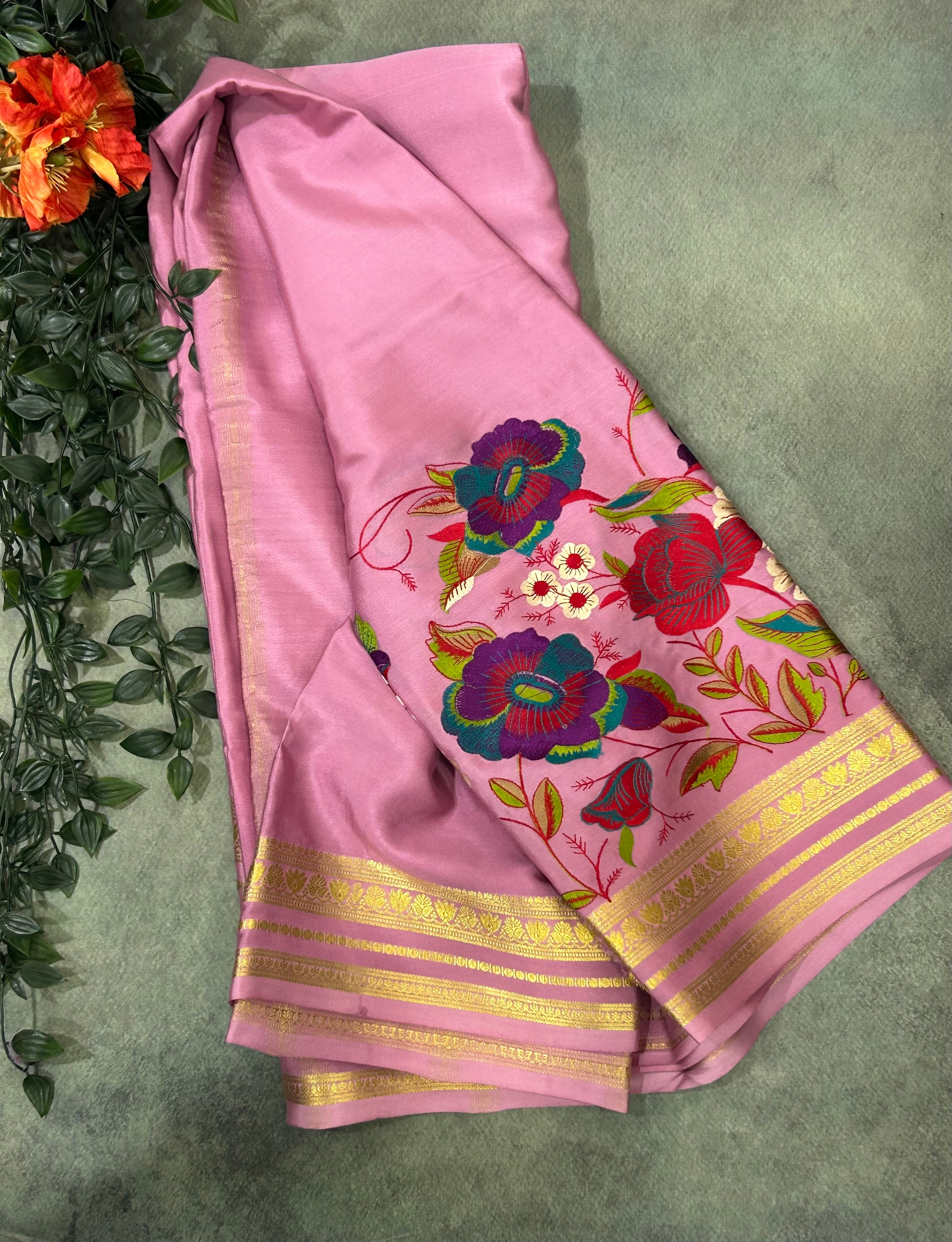 Onion pink embroidery pure Mysore crepe silk saree