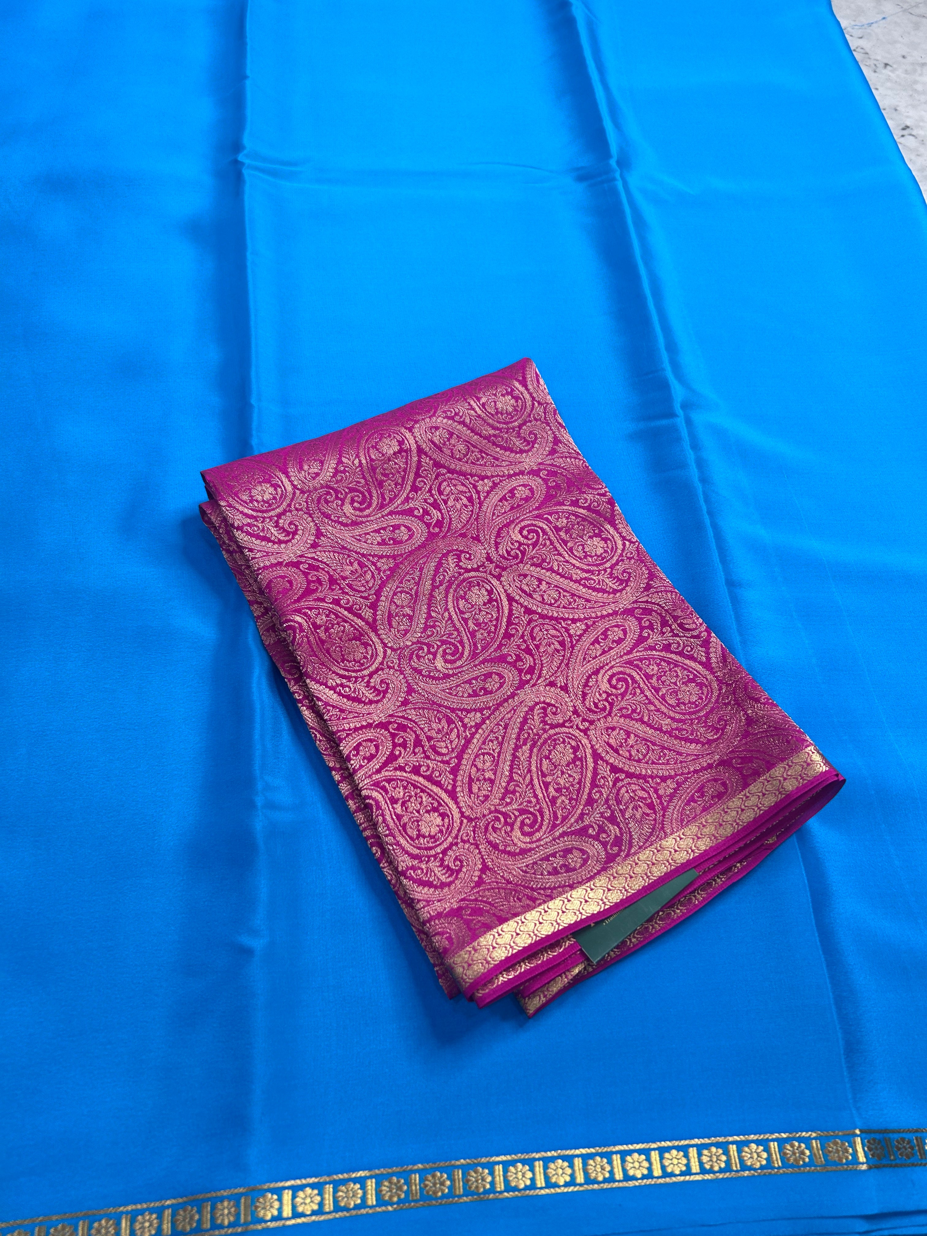 Blue plain pure mysore crepe silk saree with Mysore brocade blouse piece(MSM106)