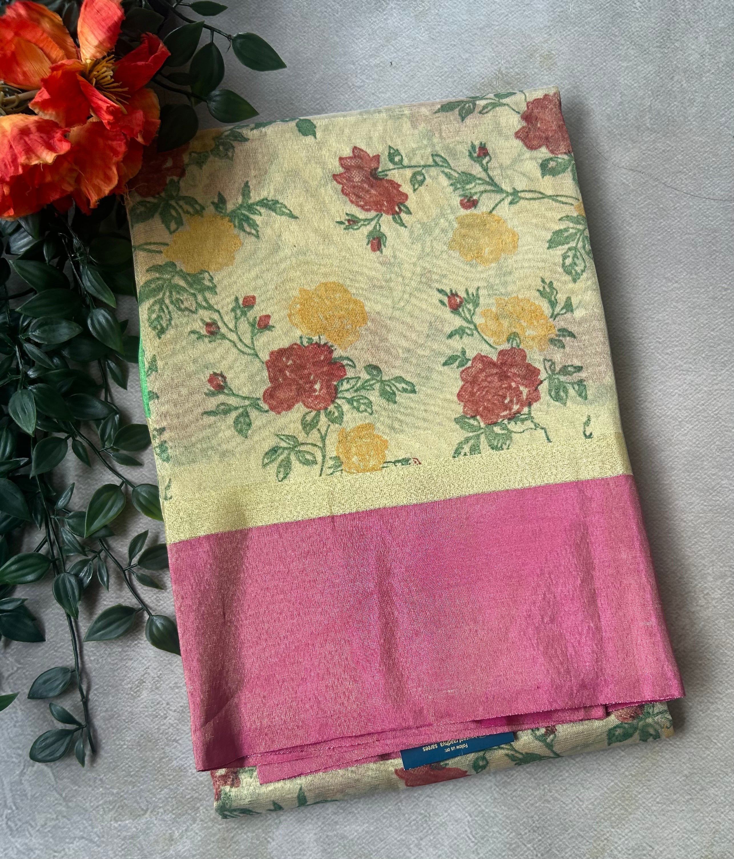 Golden cream digital print semi tissue saree