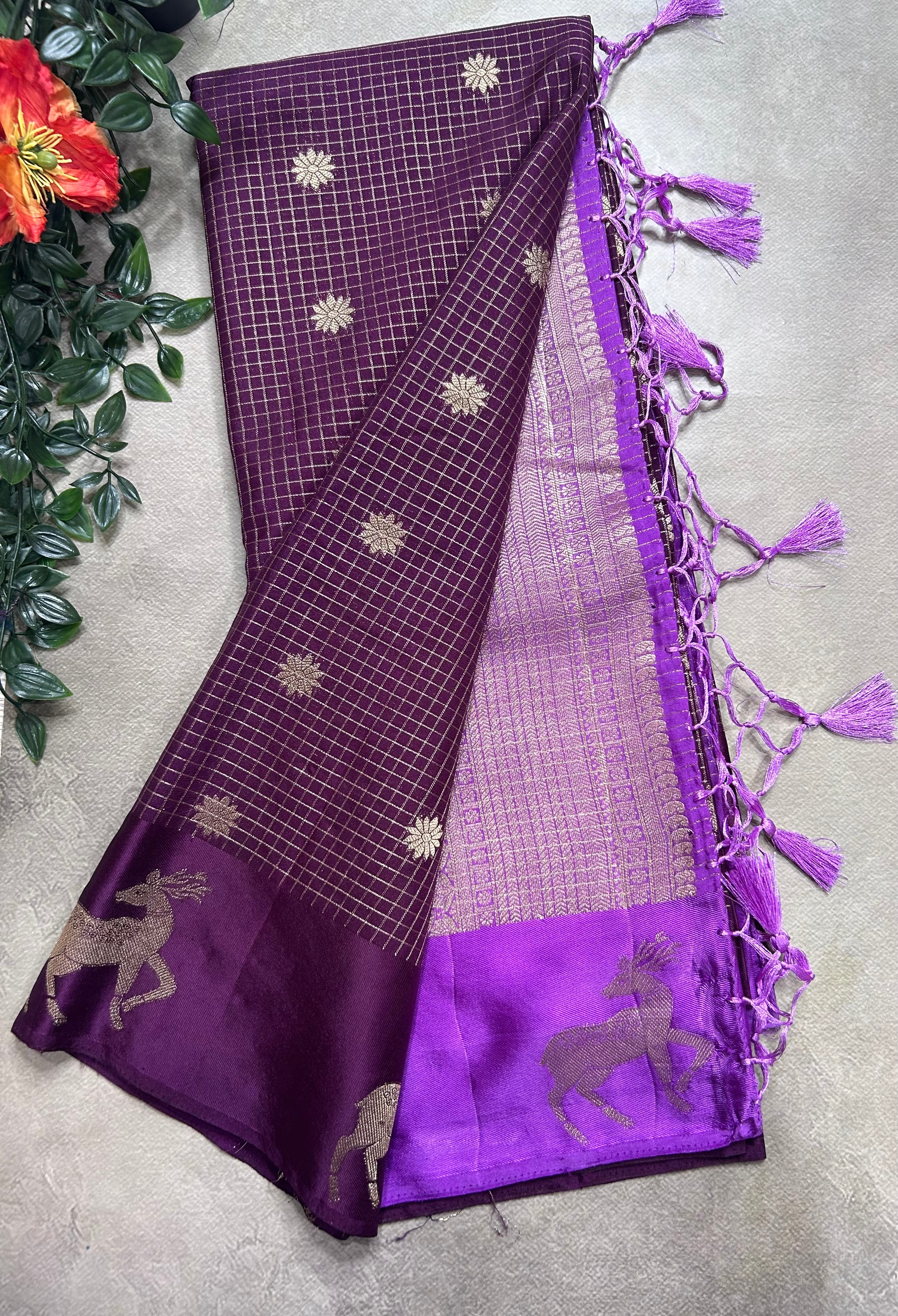 Wine small checks semi Mysore crepe 106 saree