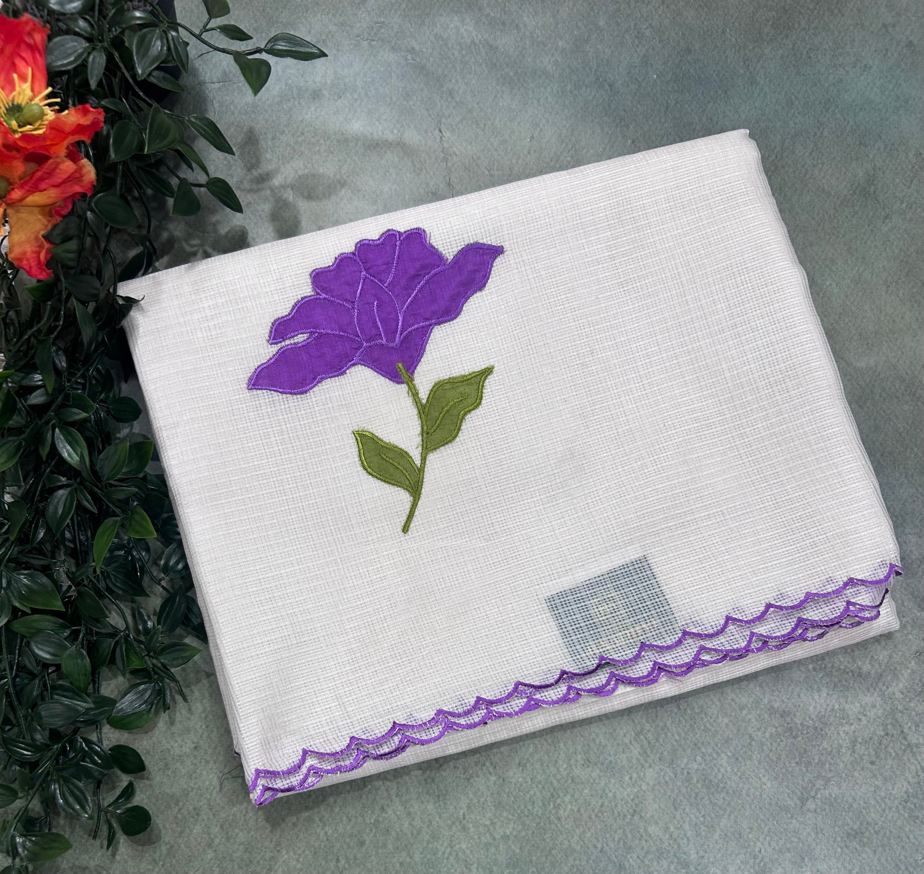 Cream scallop border purple embroidery work Kota check 106 Saree