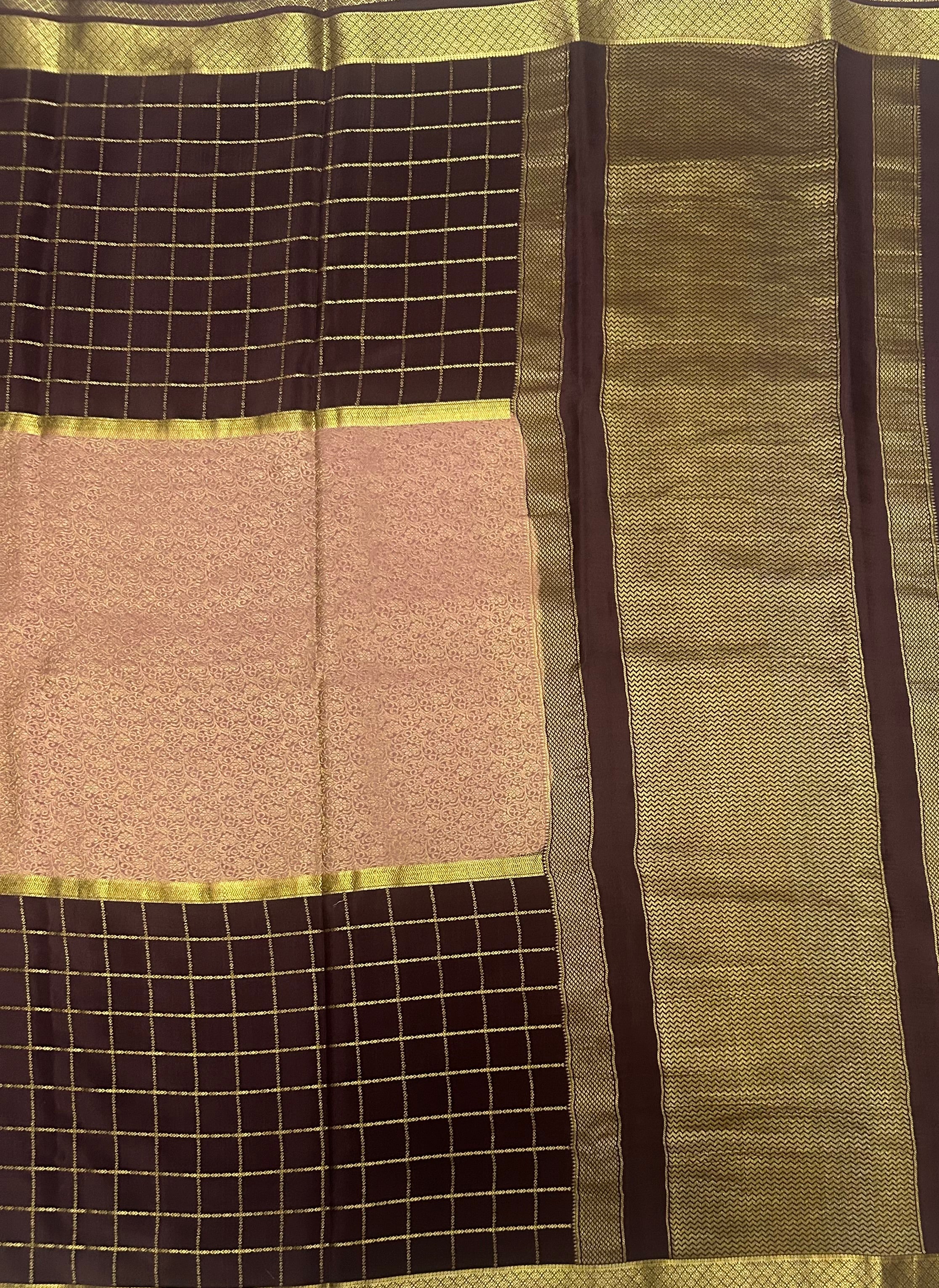Dark brown n light pink pure Mysore crepe silk 103 saree