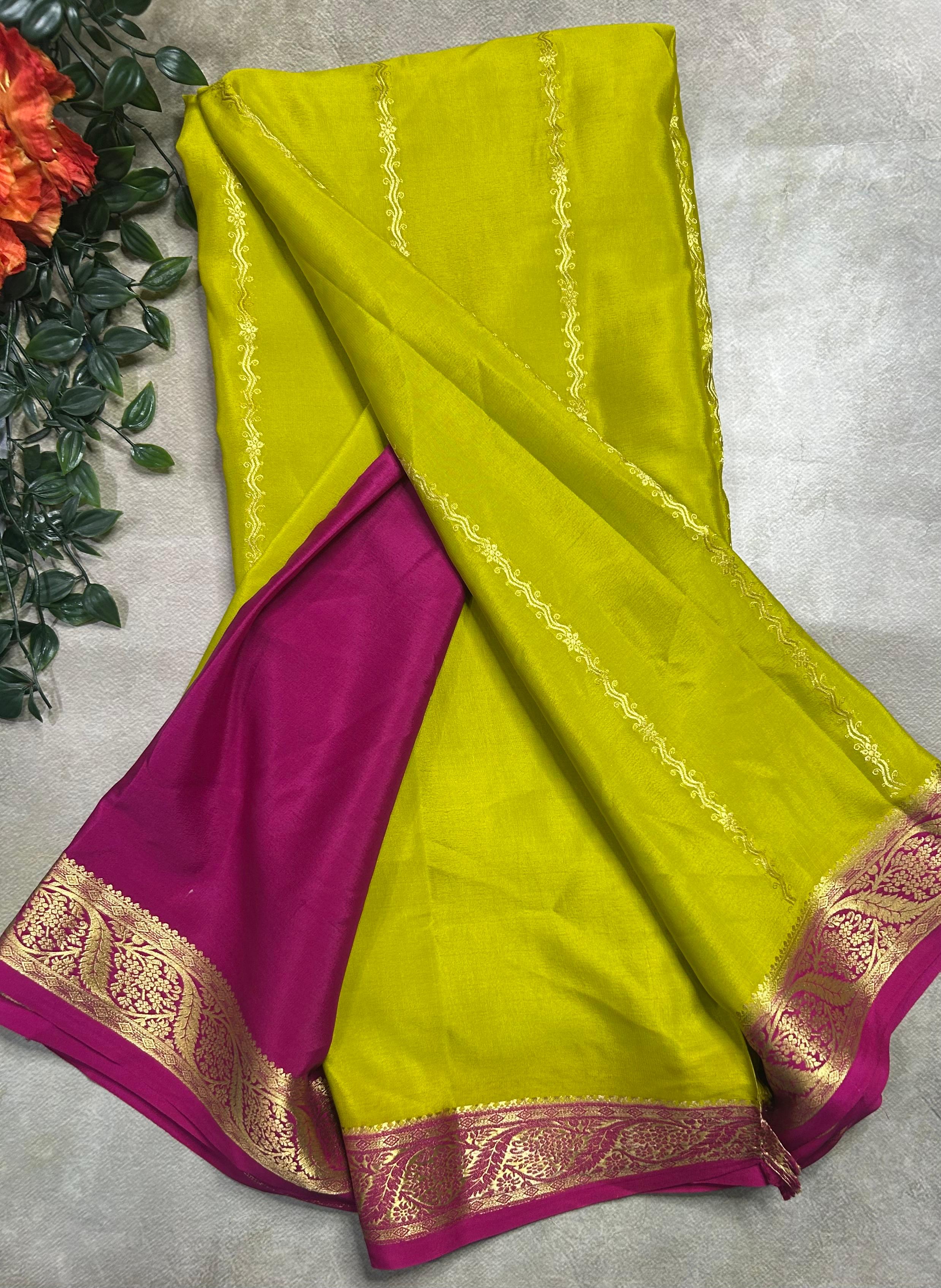 Neon green stripes pure Mysore silk 106 saree