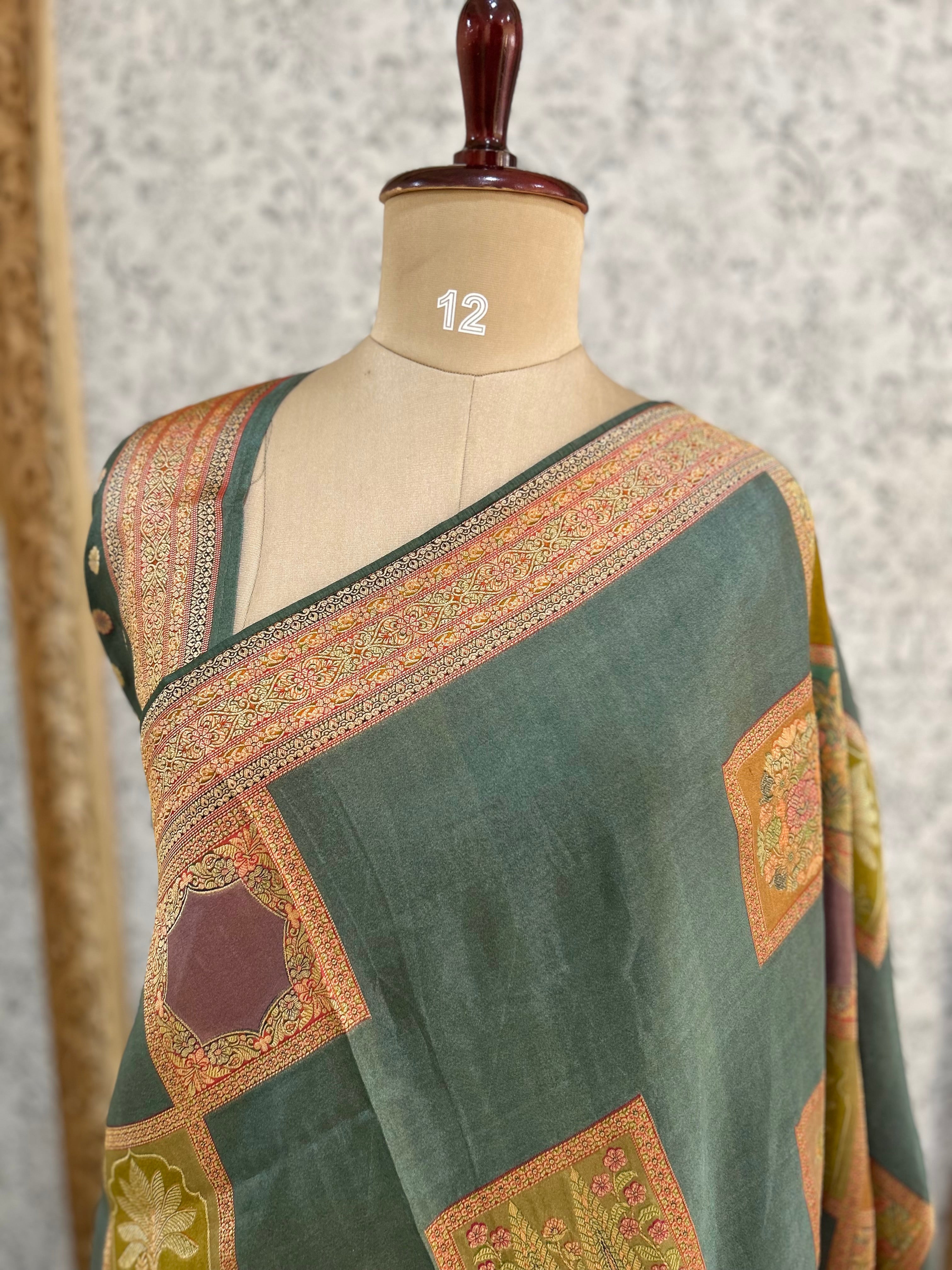 Teal green dola crepe silk saree 101