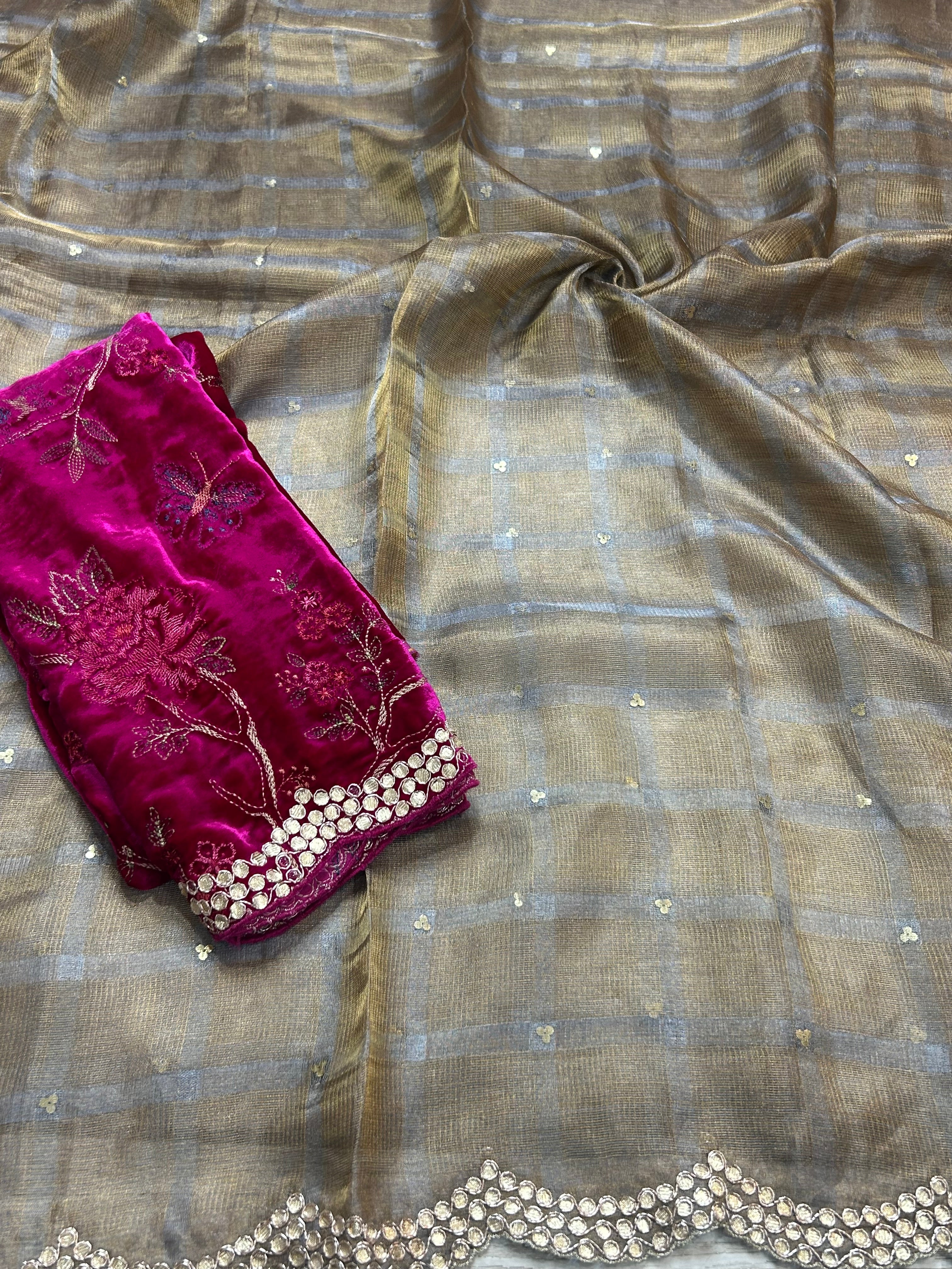 2D checks pure Kora tissue 104 with velvet embroidery work blouse piece saree
