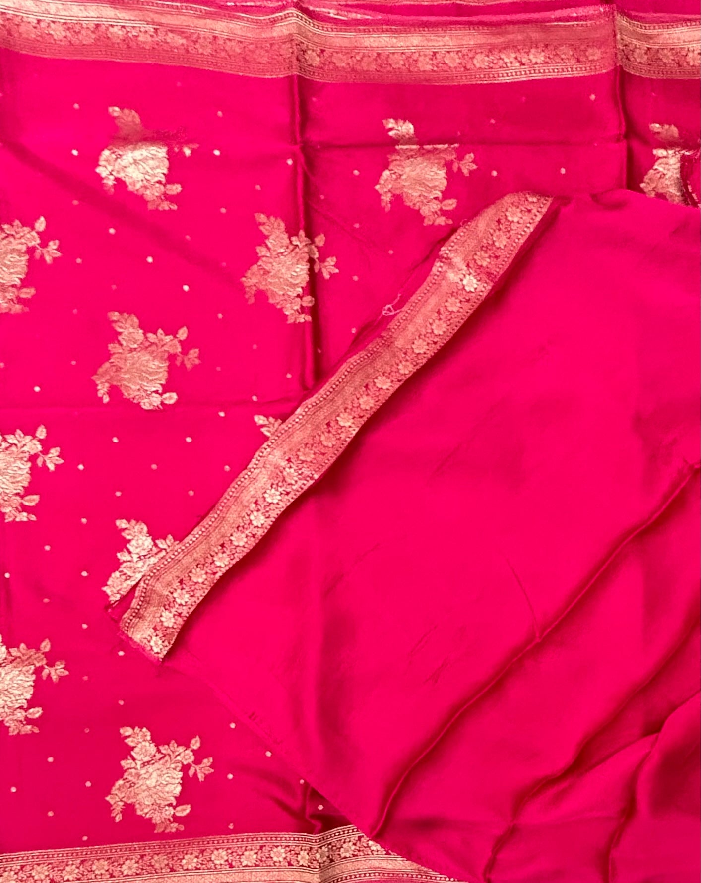 Rani pink floral butta satin silk saree
