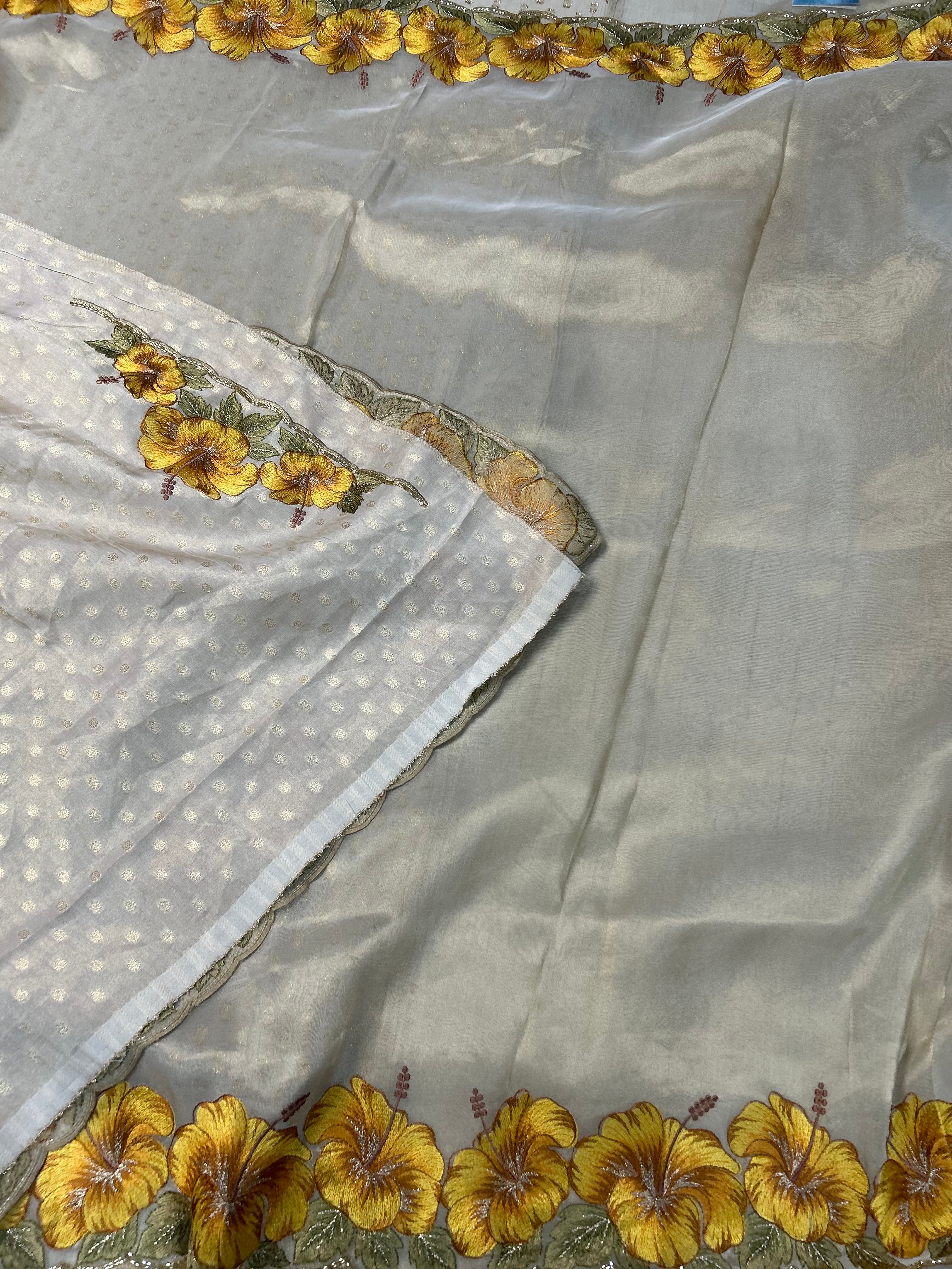 Yellow Hibiscus Tissue Silk saree 101
