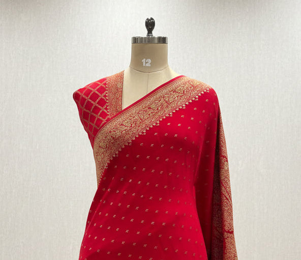Red half n half pure benarasi crepe 105 saree