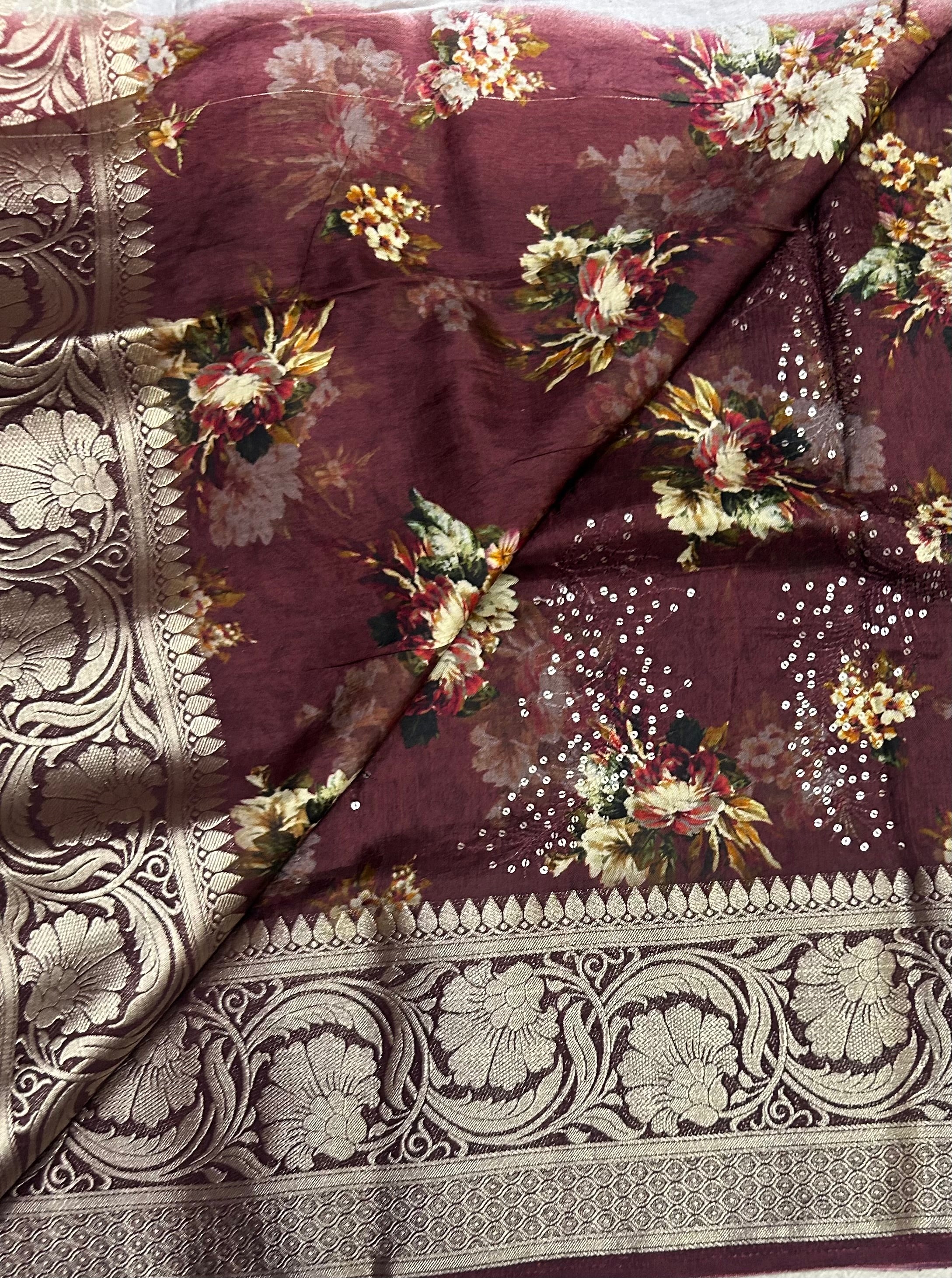 Light brown Digital print Kanchi border Saree