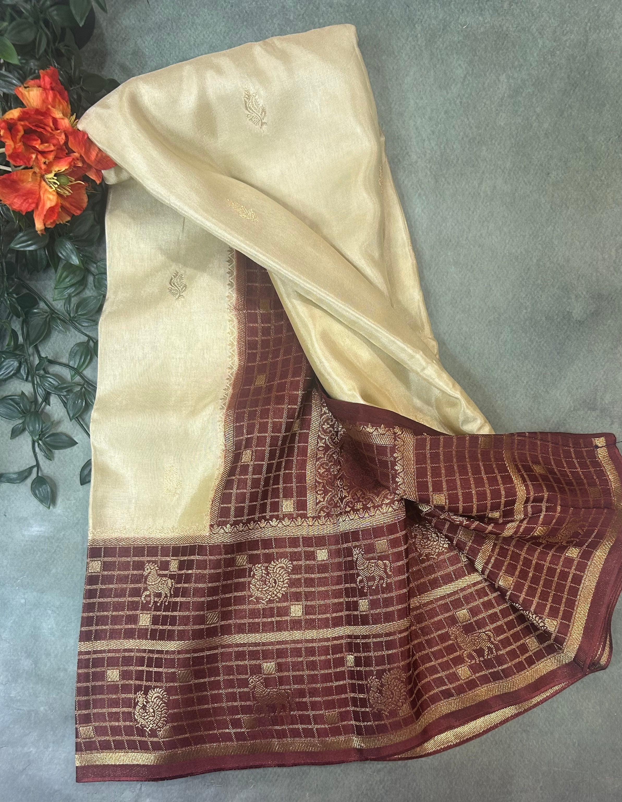 Cream Checks border semi Mysore 104 saree