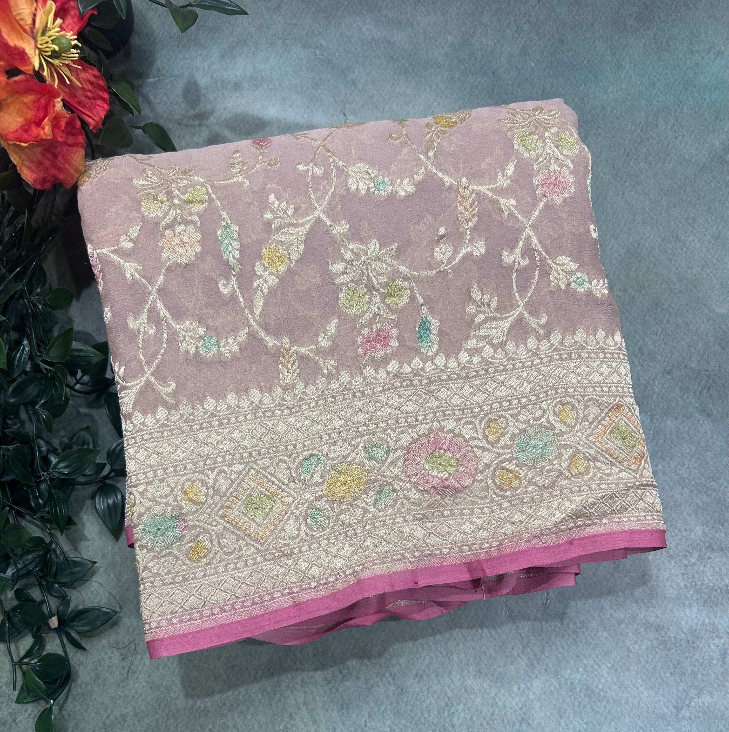 Peach brocade Jaal pattern pure georgette-106 saree