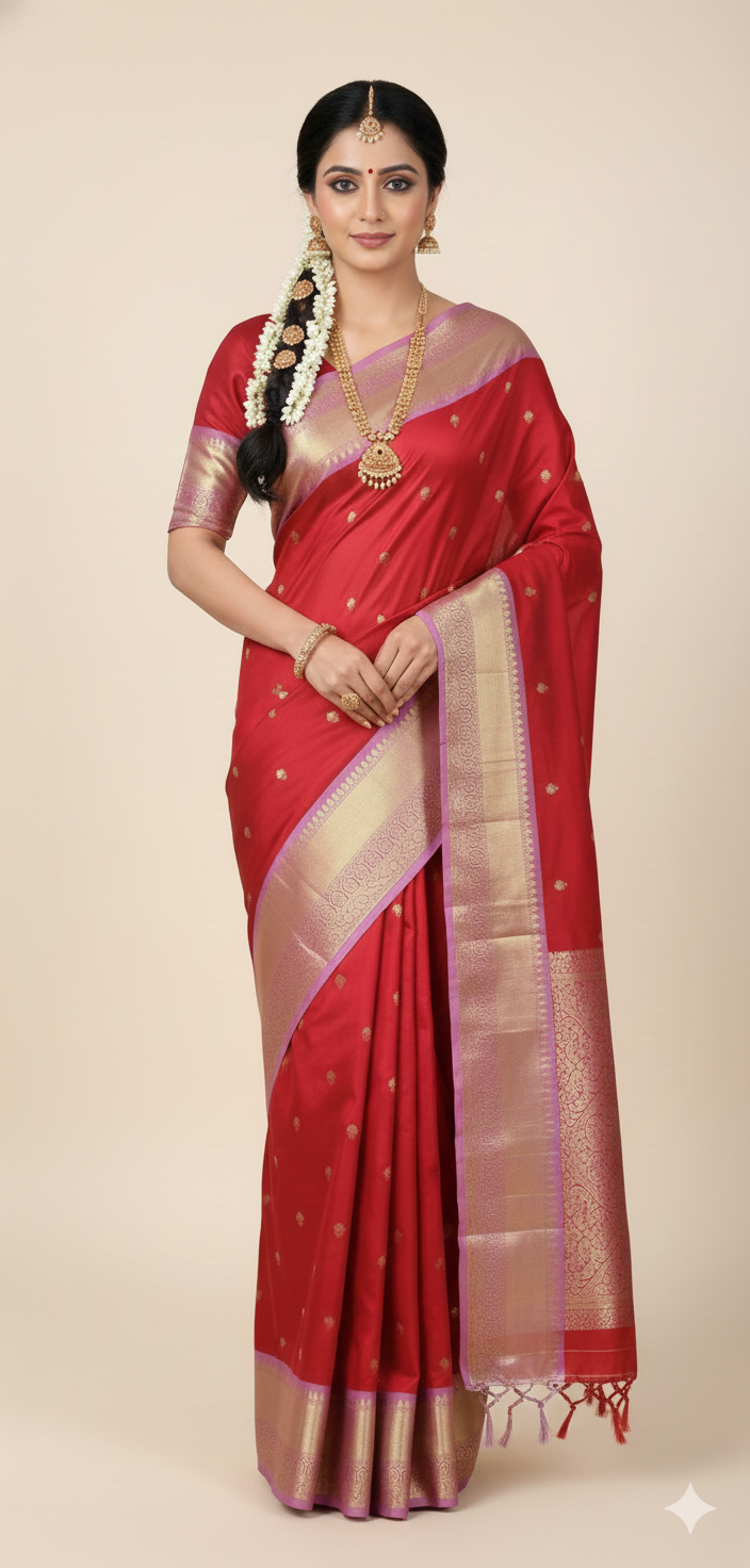 Red n light pink small semi Kanchi-12 saree