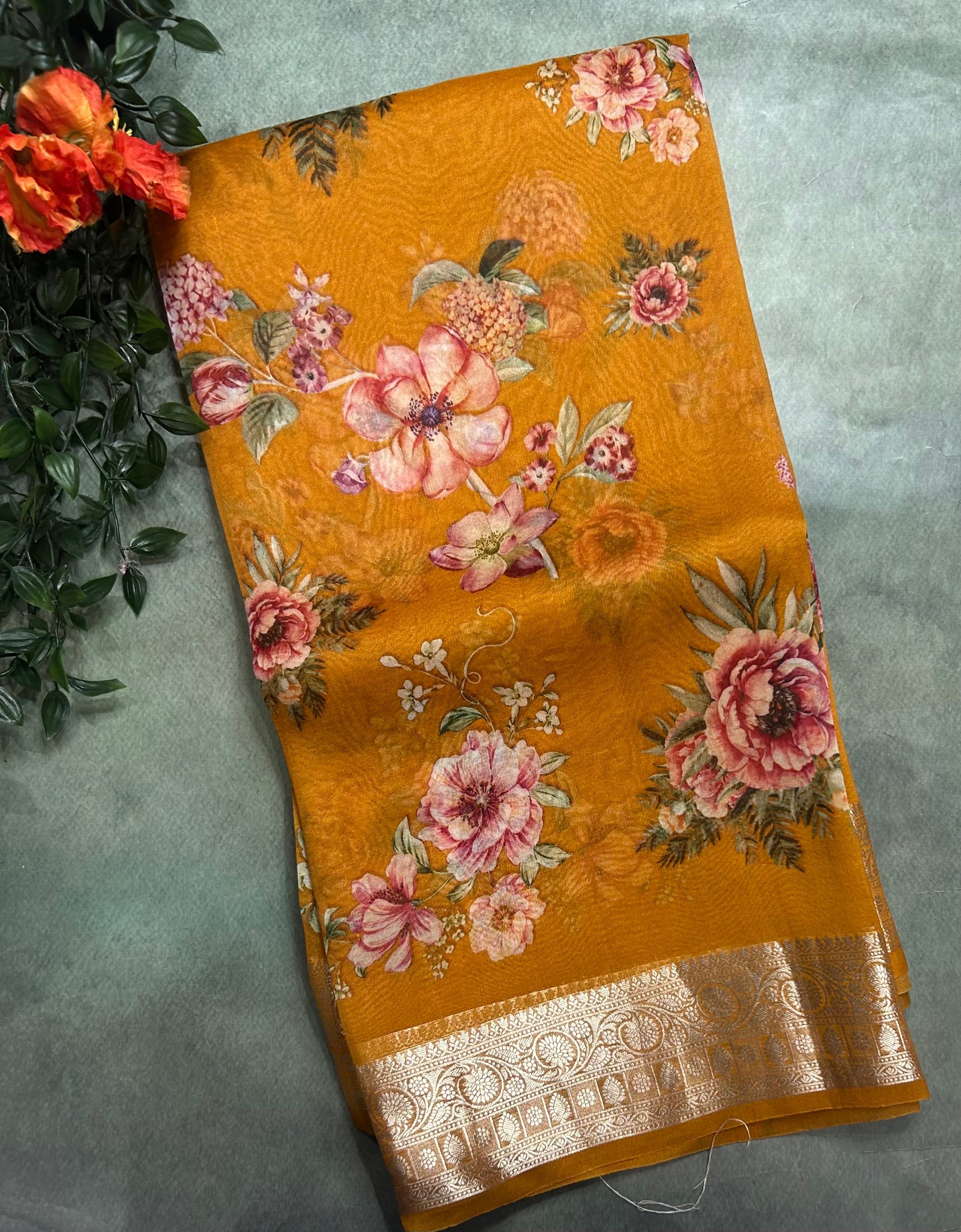 Mustard yellow printed pure kora organza 105 saree