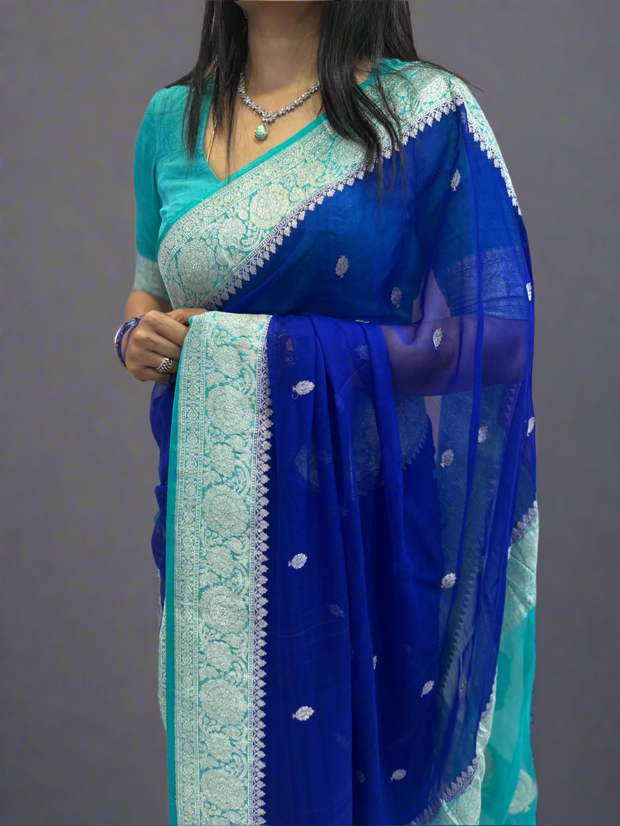 Blue with sky blue benarasi pure chiffon saree