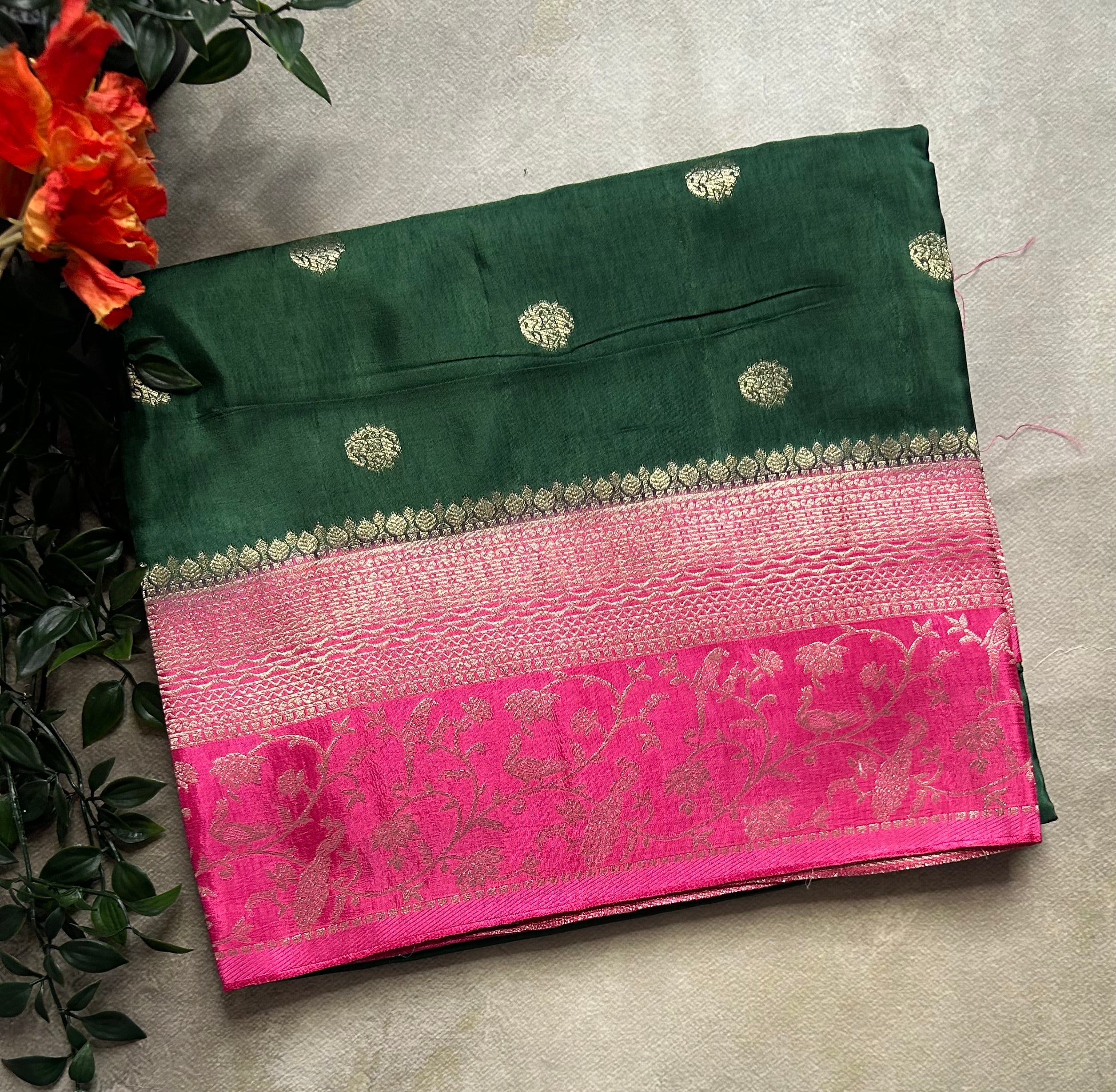 Bottle green small Butta satin crepe 103 saree