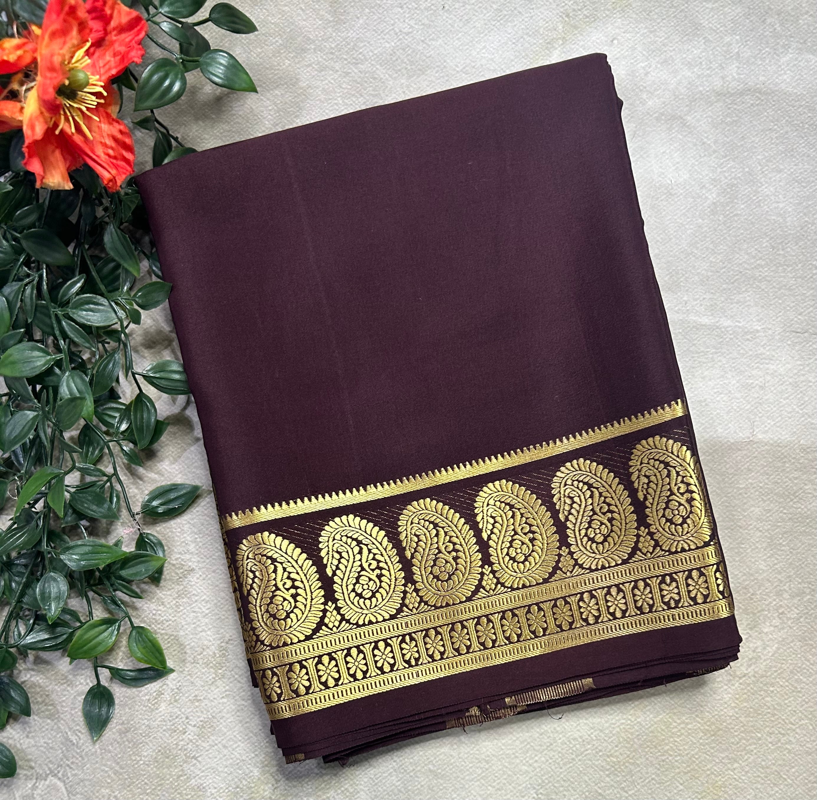 Dark brown plain mango border pure Mysore silk 105 saree