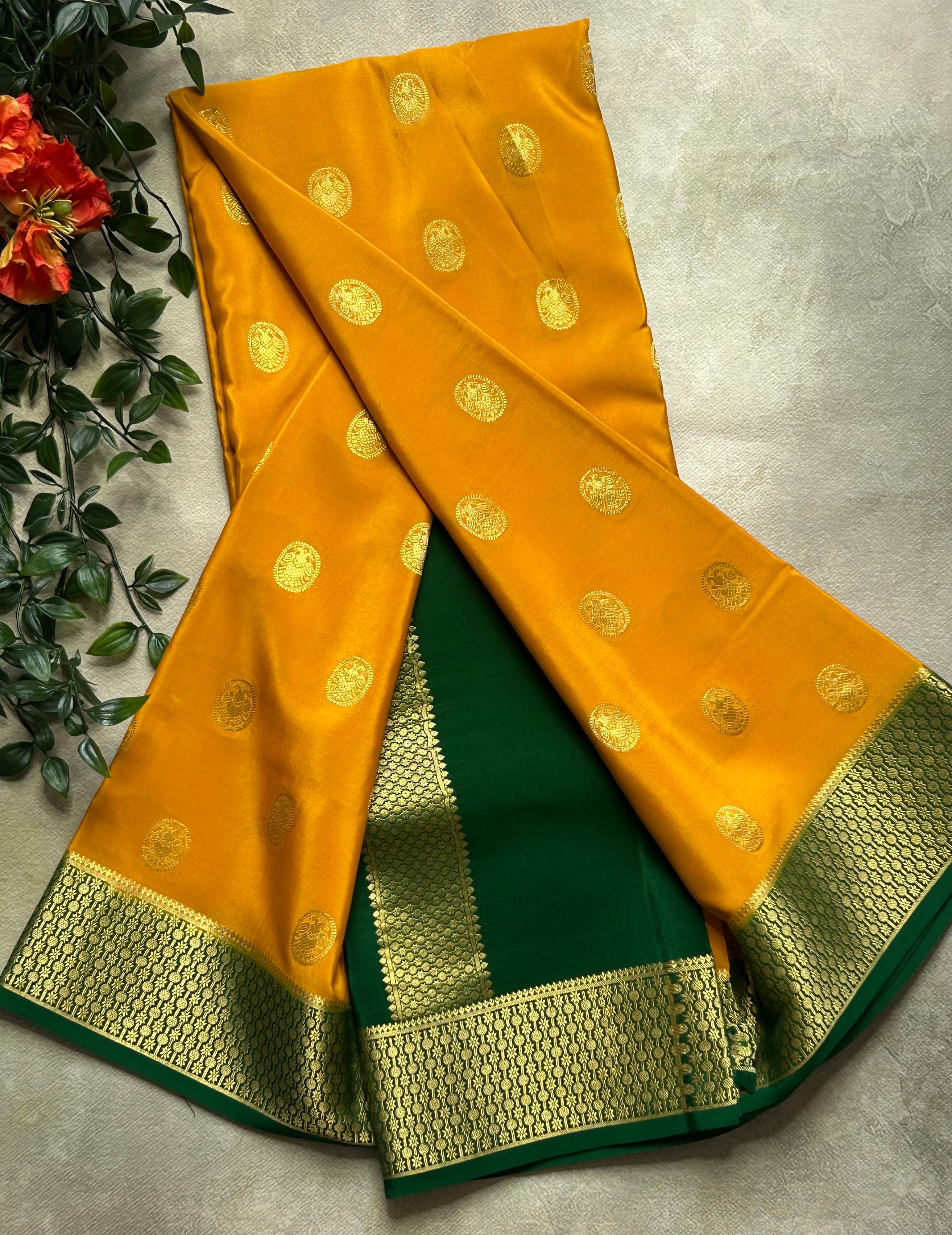 Mustard yellow Gandaberunda small Butta pure Mysore silk-103 saree
