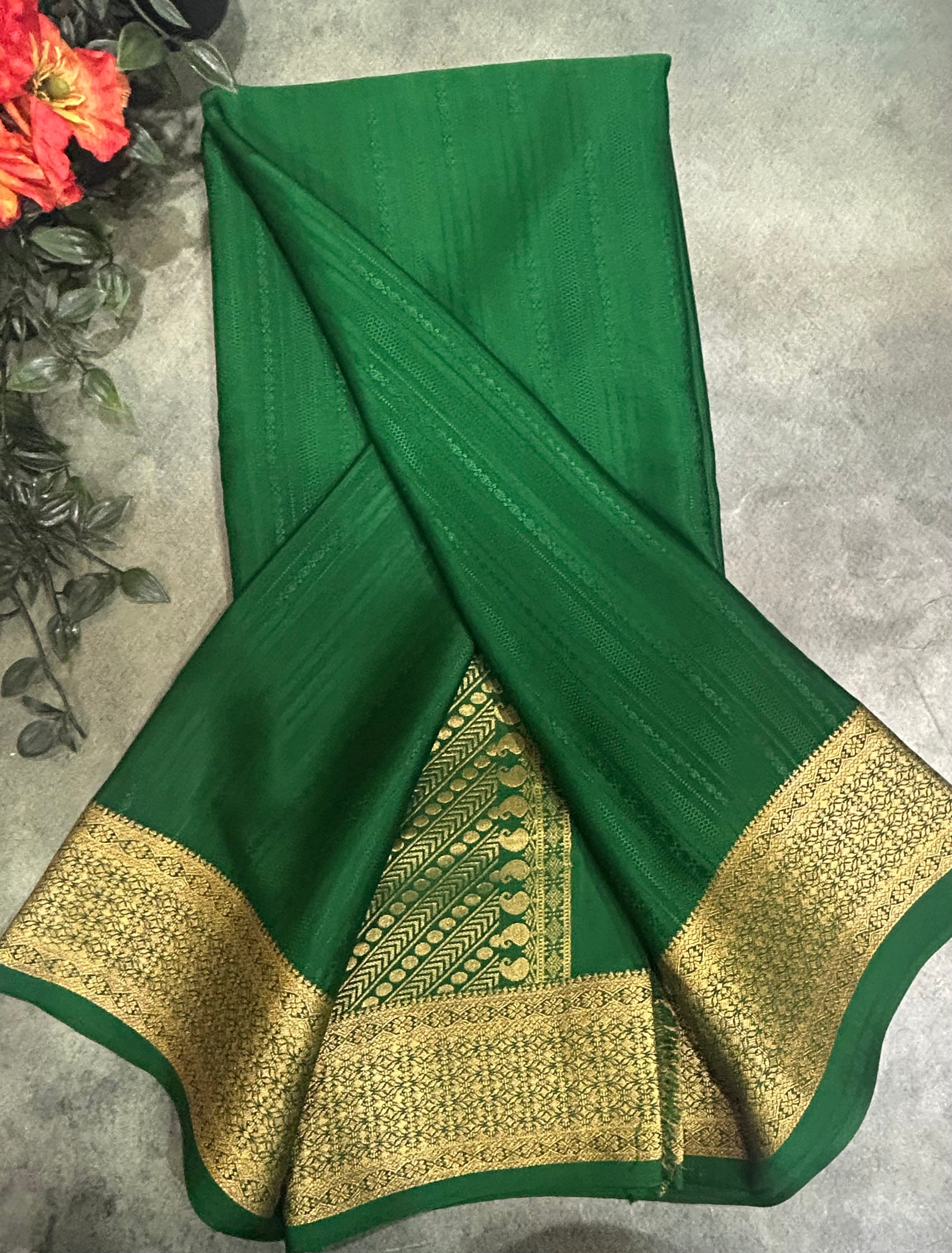 Bottle green long border embossed pure Mysore silk EMS105 saree