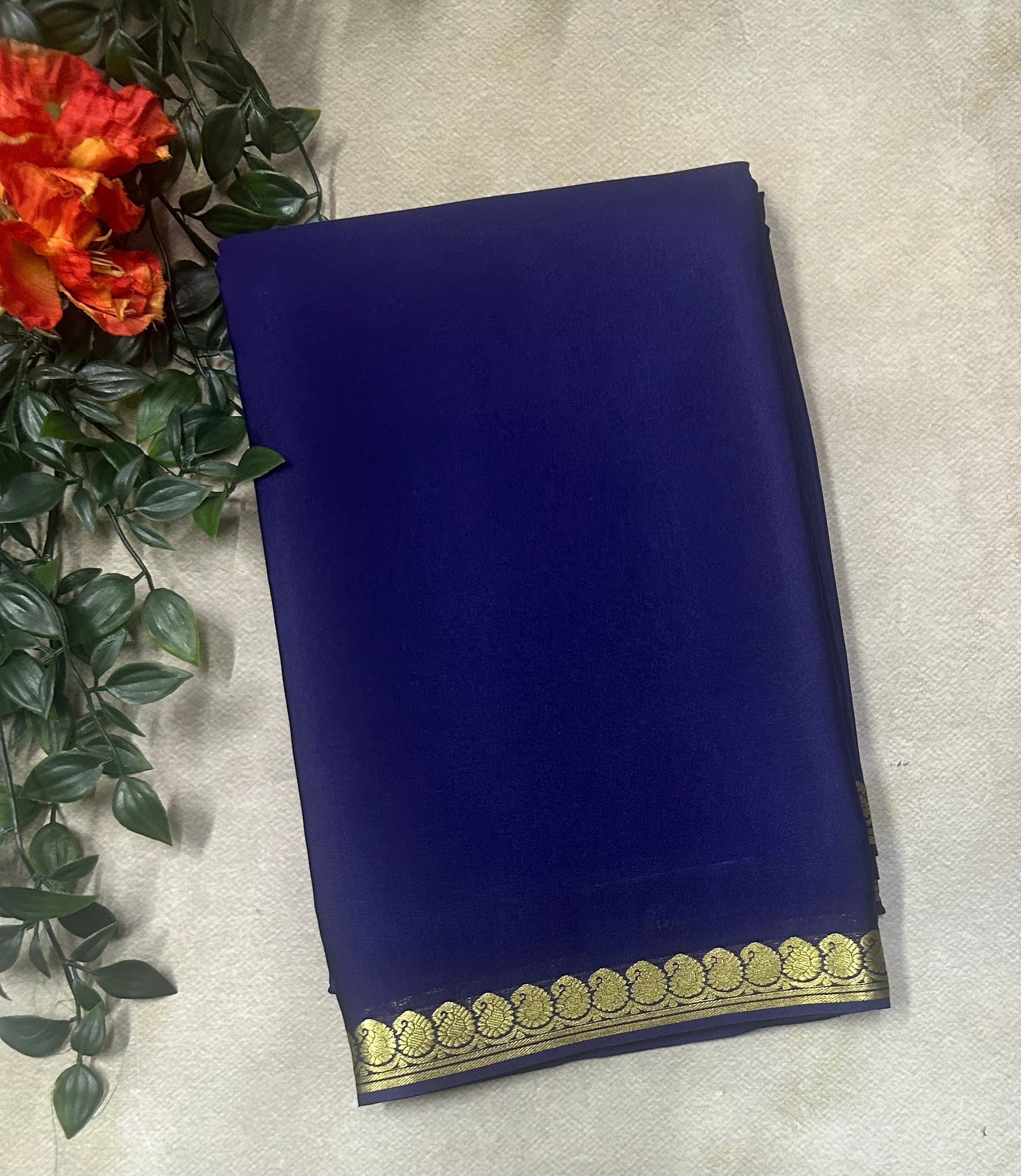 Navy blue small border pure Mysore silk saree