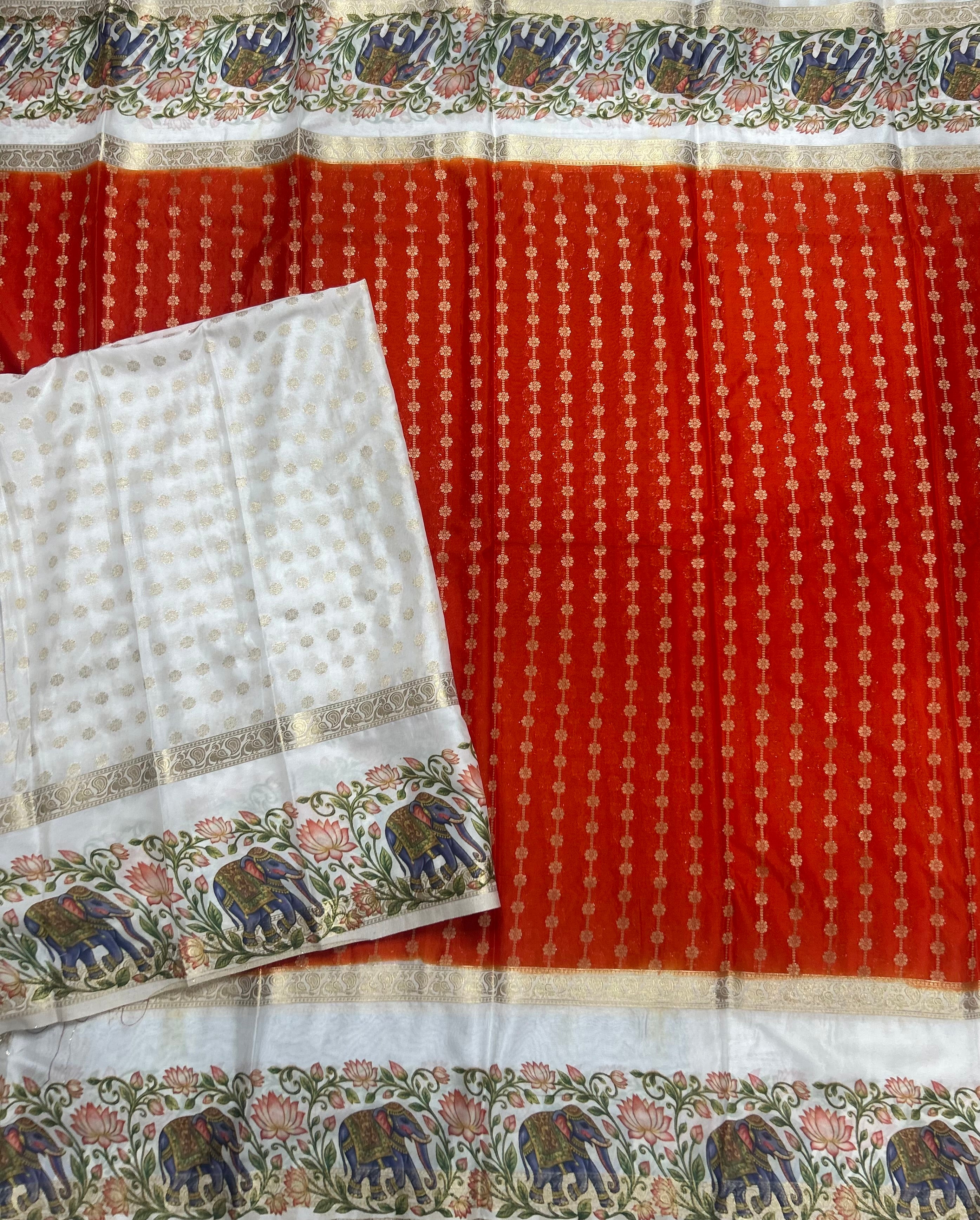 Orange bentex border printed semi Mysore 105 saree