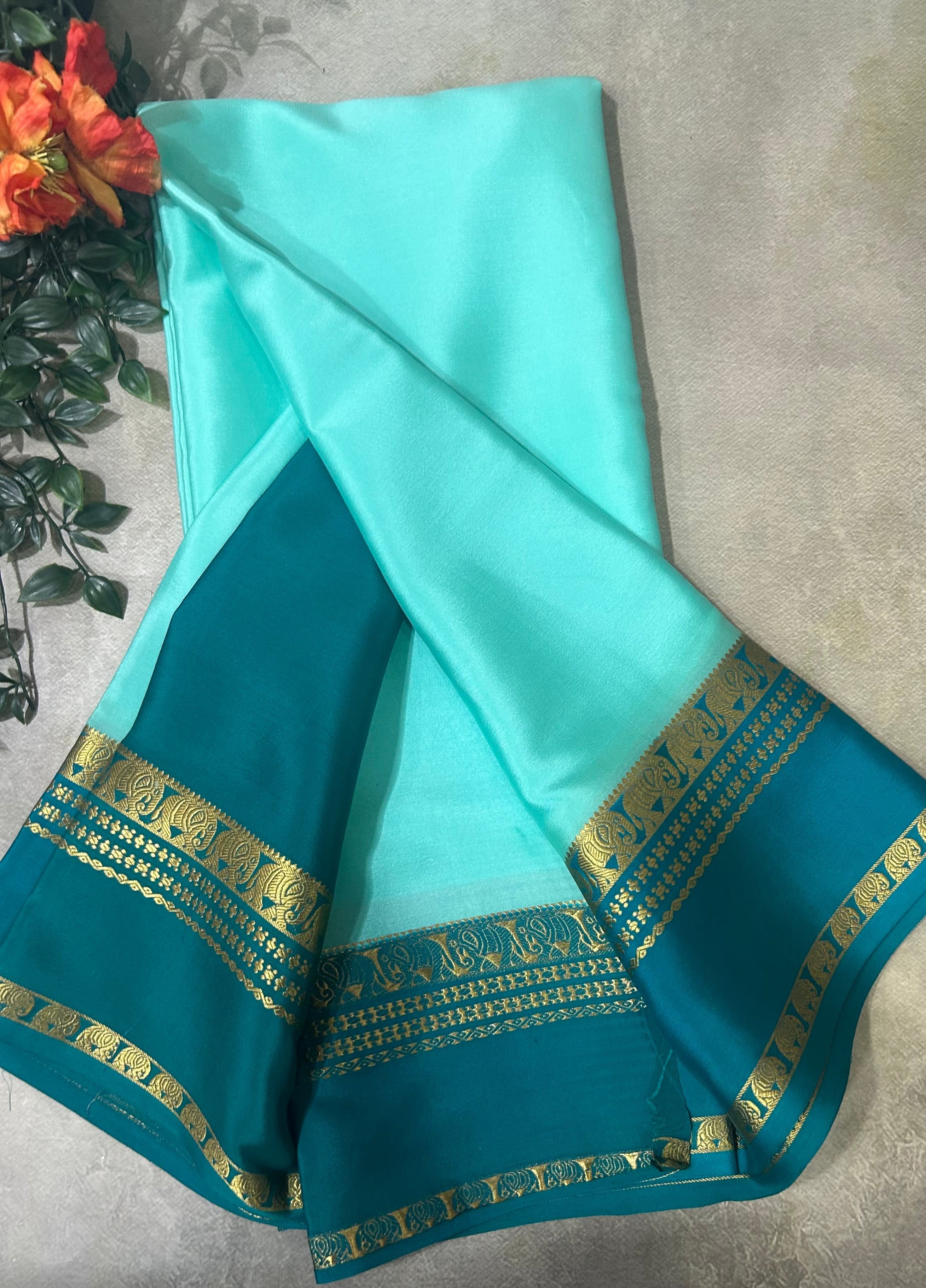Aqua blue bentex border pure Mysore silk 104 saree