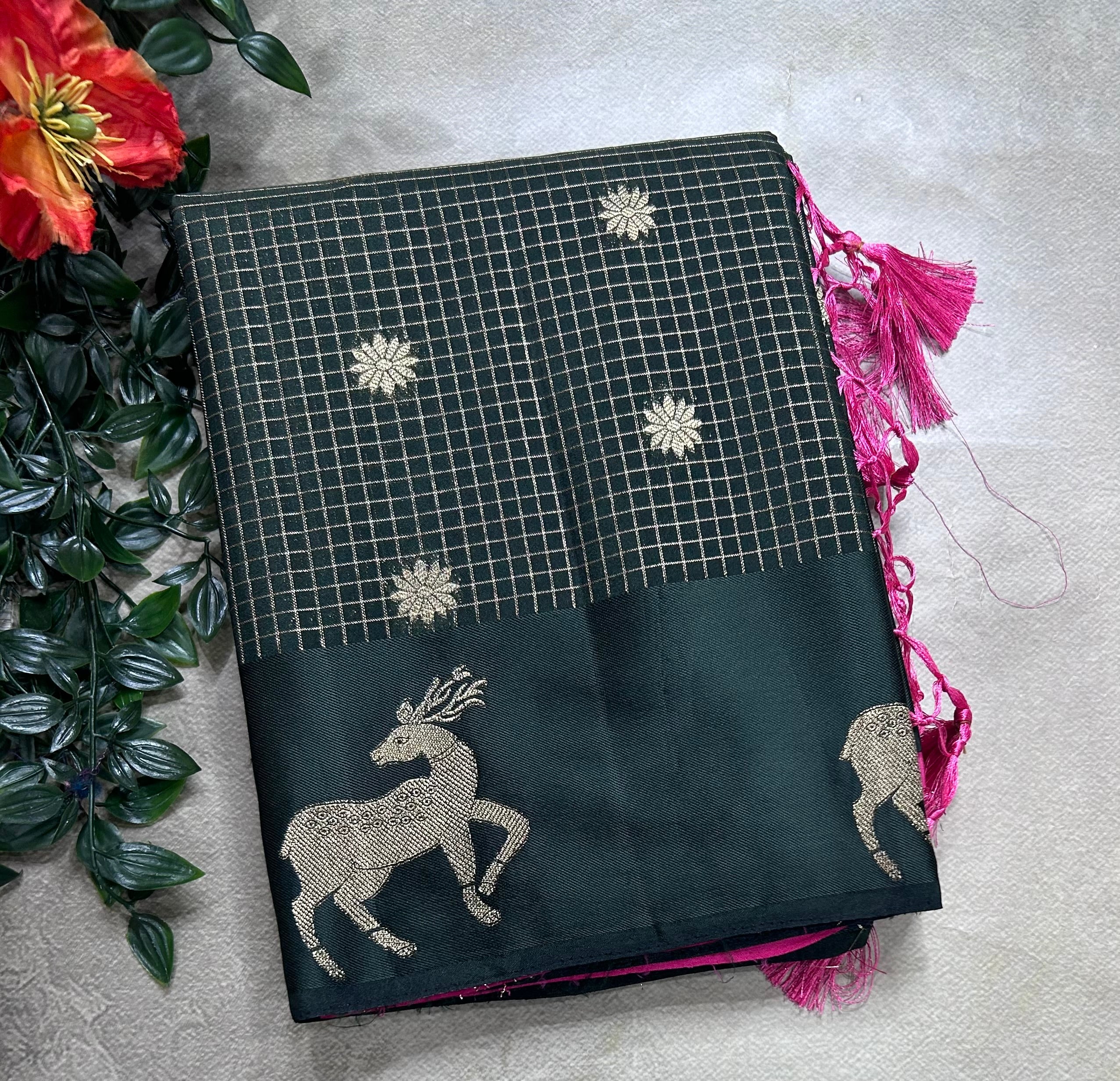 Bottle green small checks semi Mysore crepe 106 saree