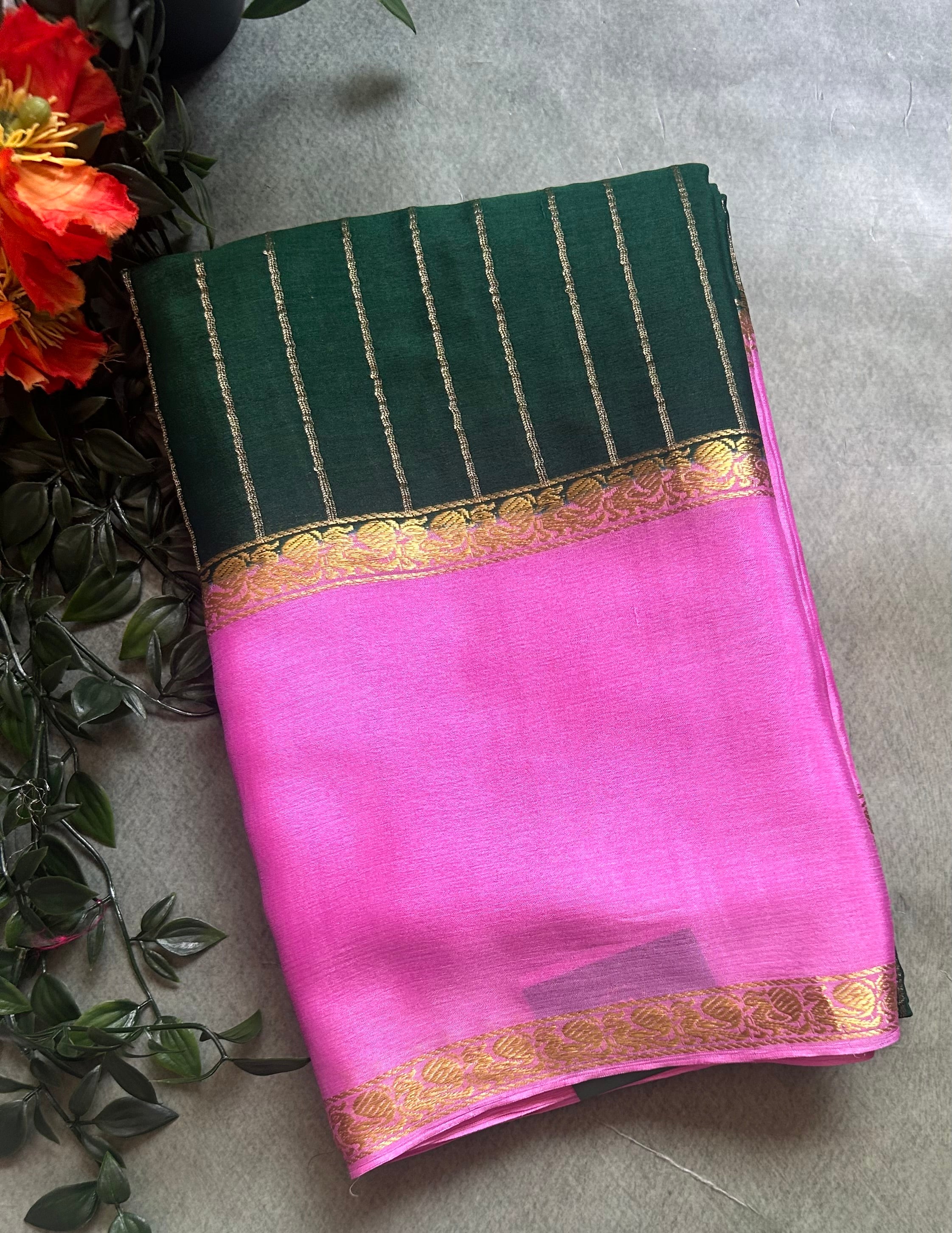 Bottle green n pink pure wrinkle 103 crepe silk saree