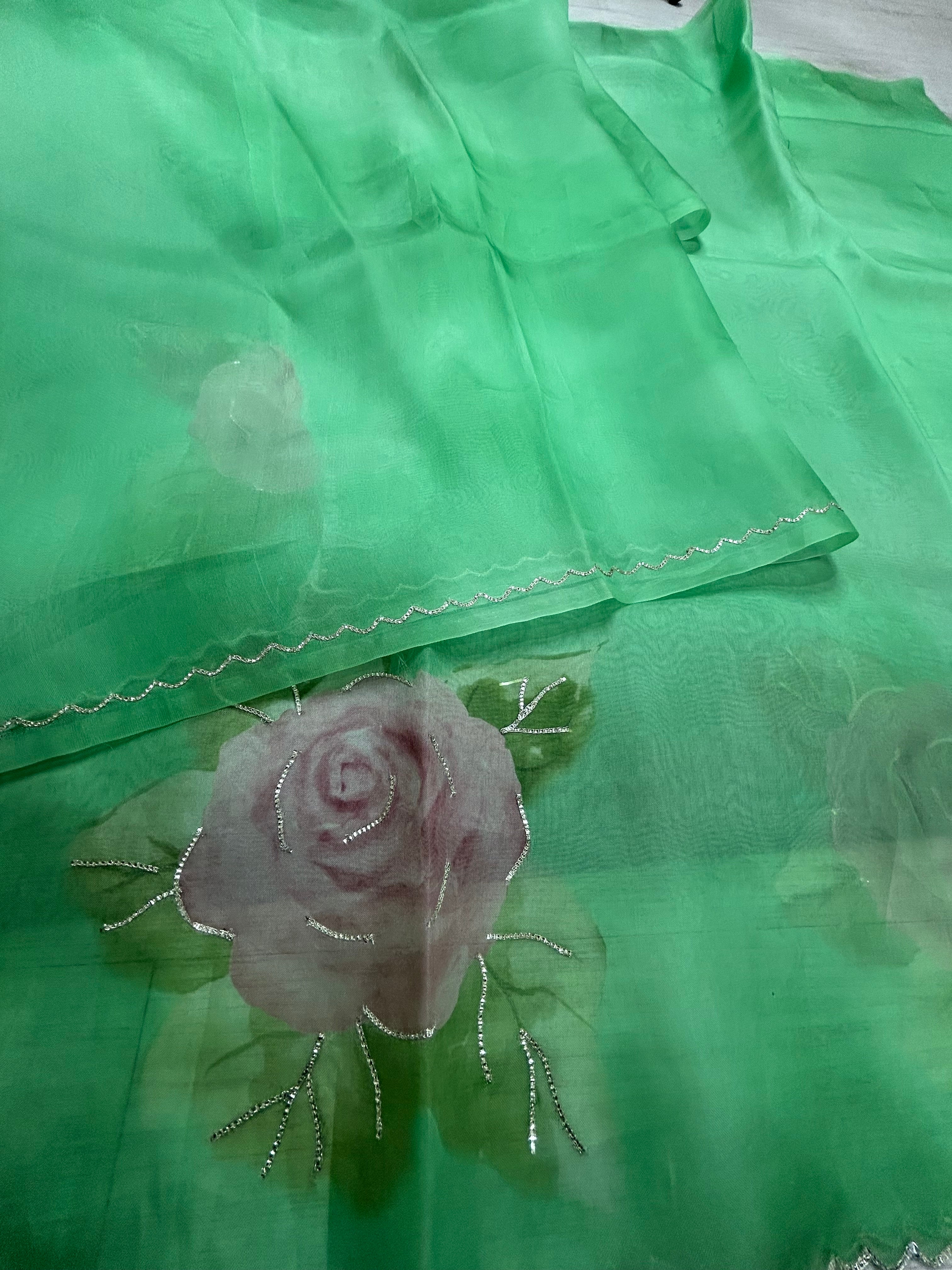 Aqua green pure 104 organza silk saree