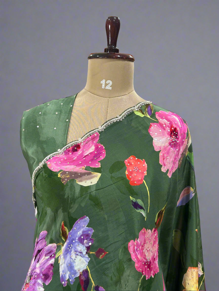 Dark green work scallop border printed pure crepe digital print party wear-09