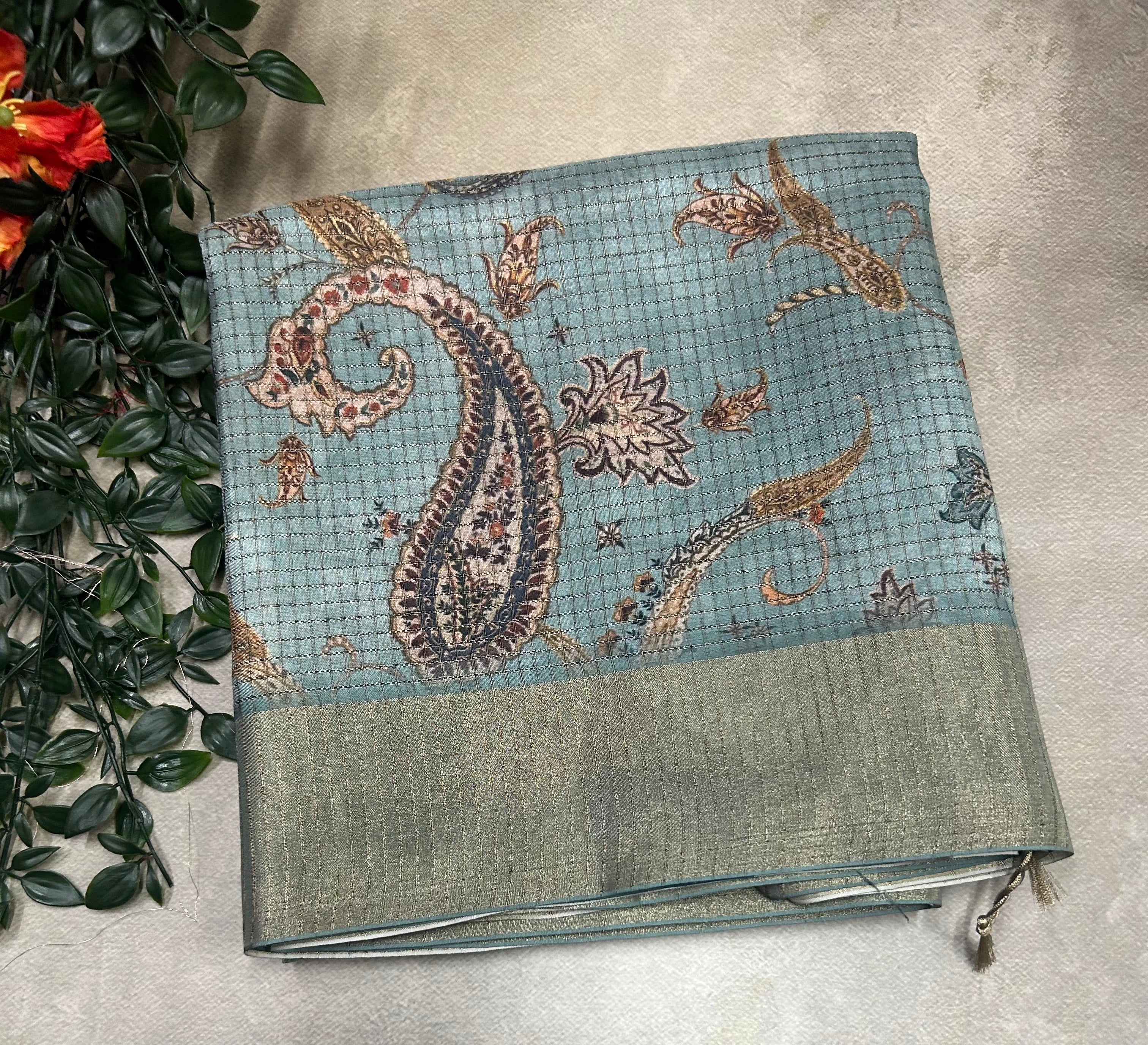 Sea green small check Digital print Tussar crêpe saree
