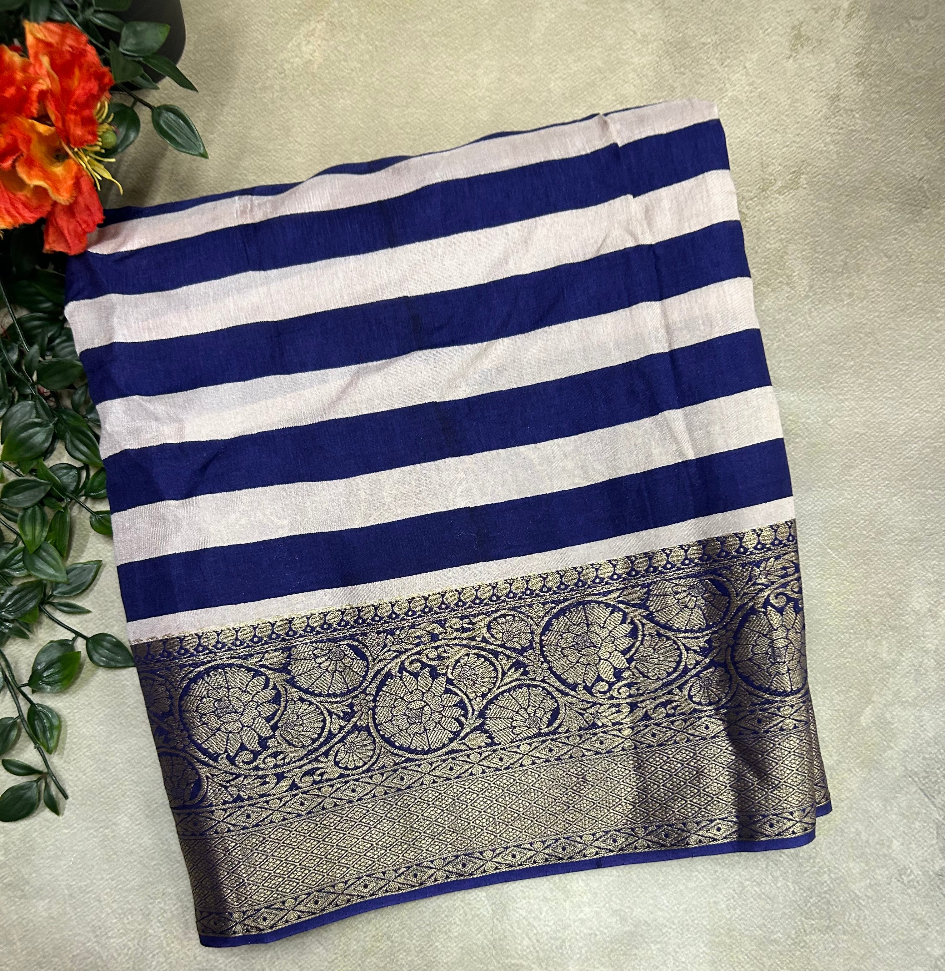 Navy blue stripes soft Tussar Kanchi border saree