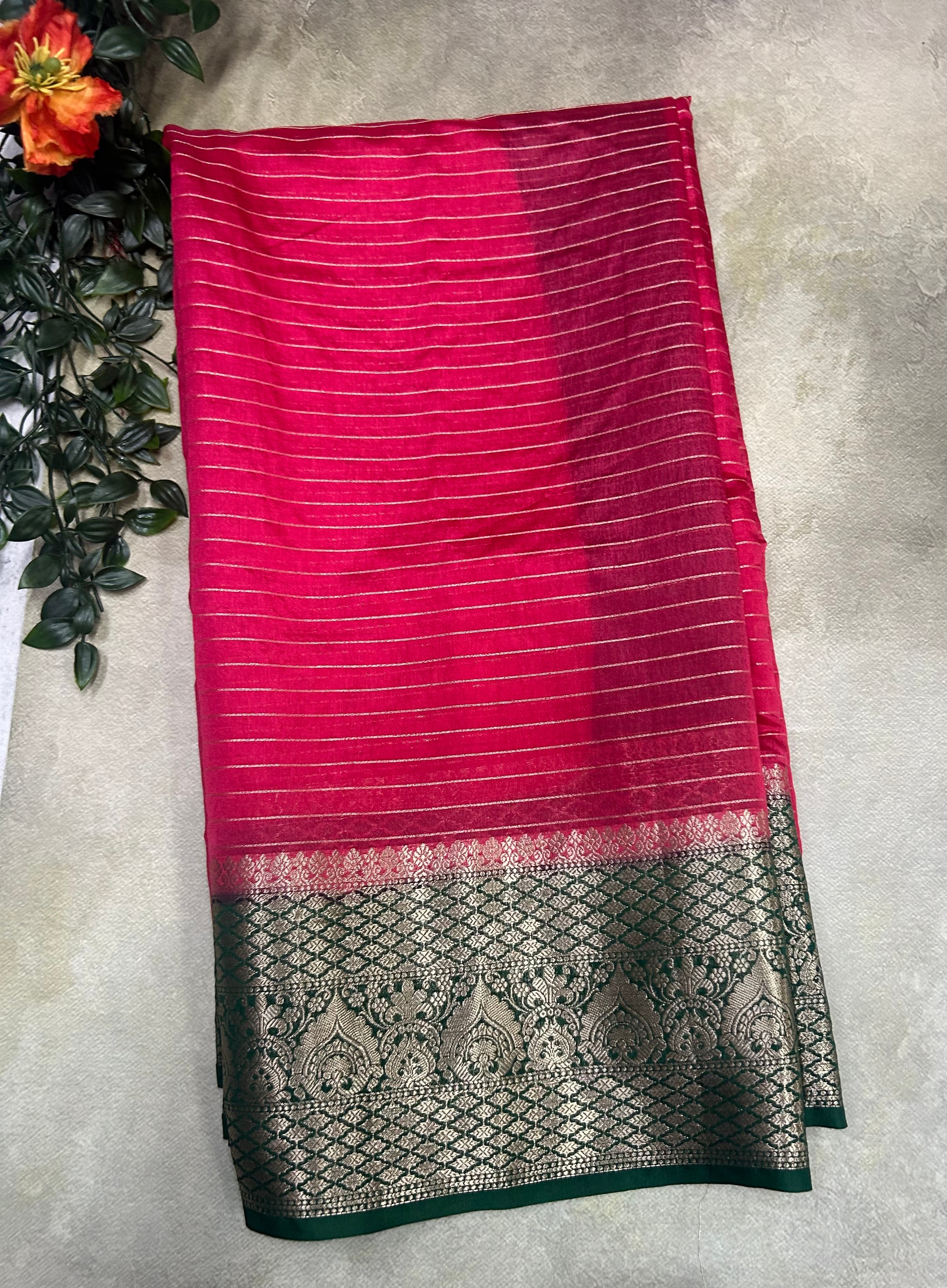 Pink long Border stripes semi Silk Saree