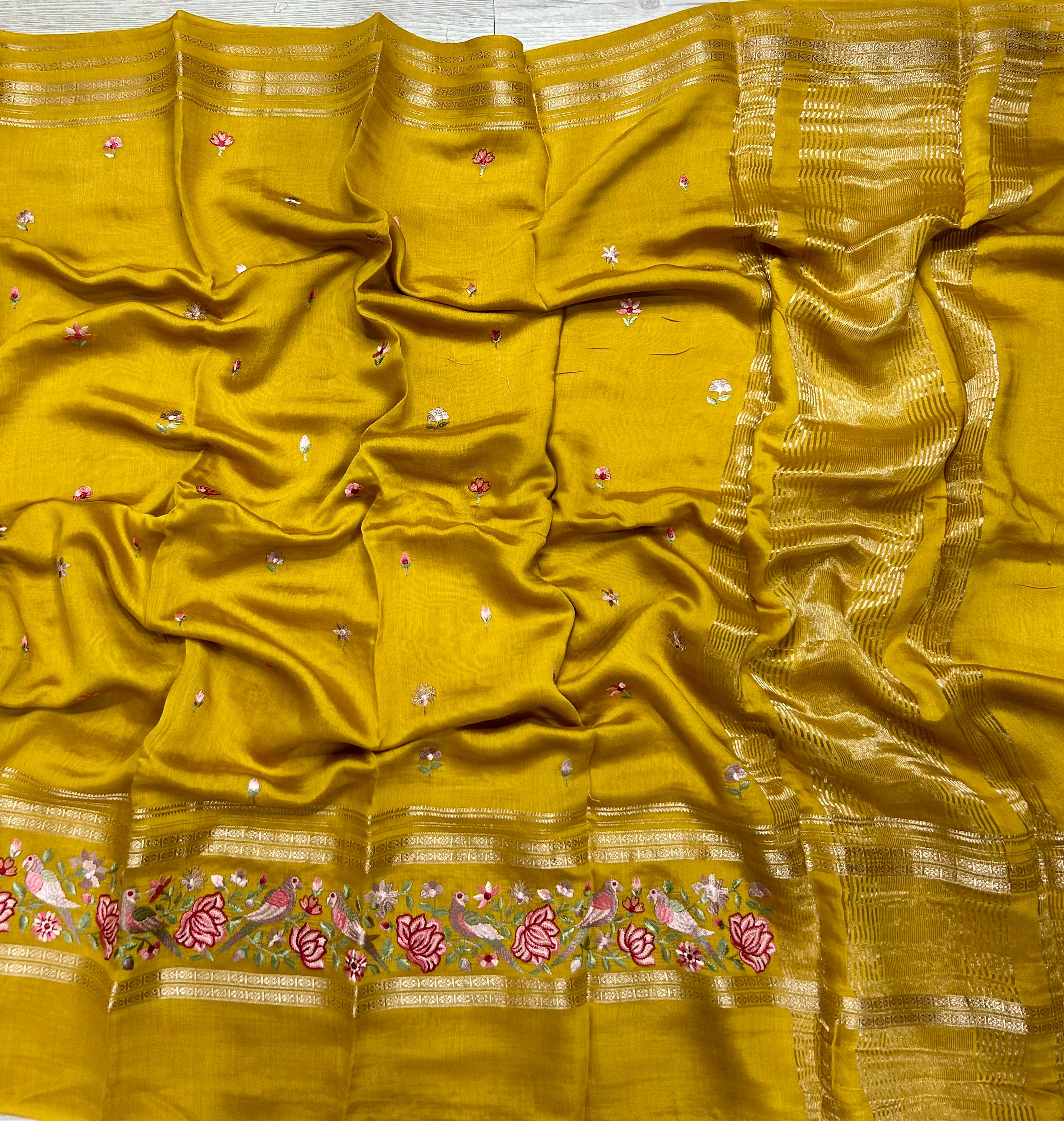 Yellow embrodiery soft tussar crepe 104 saree