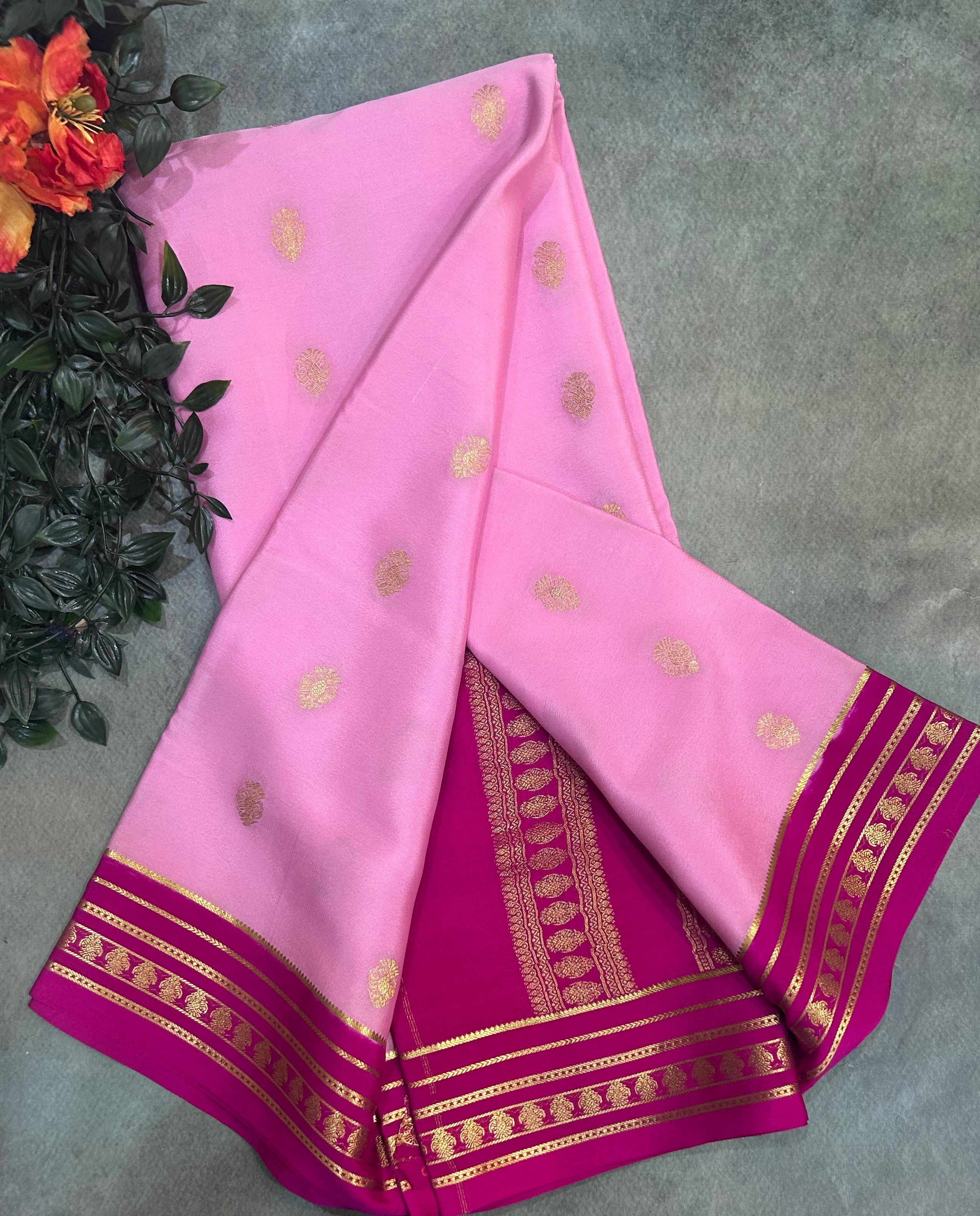 Pastel pink stripes border pure Mysore silk 106 saree