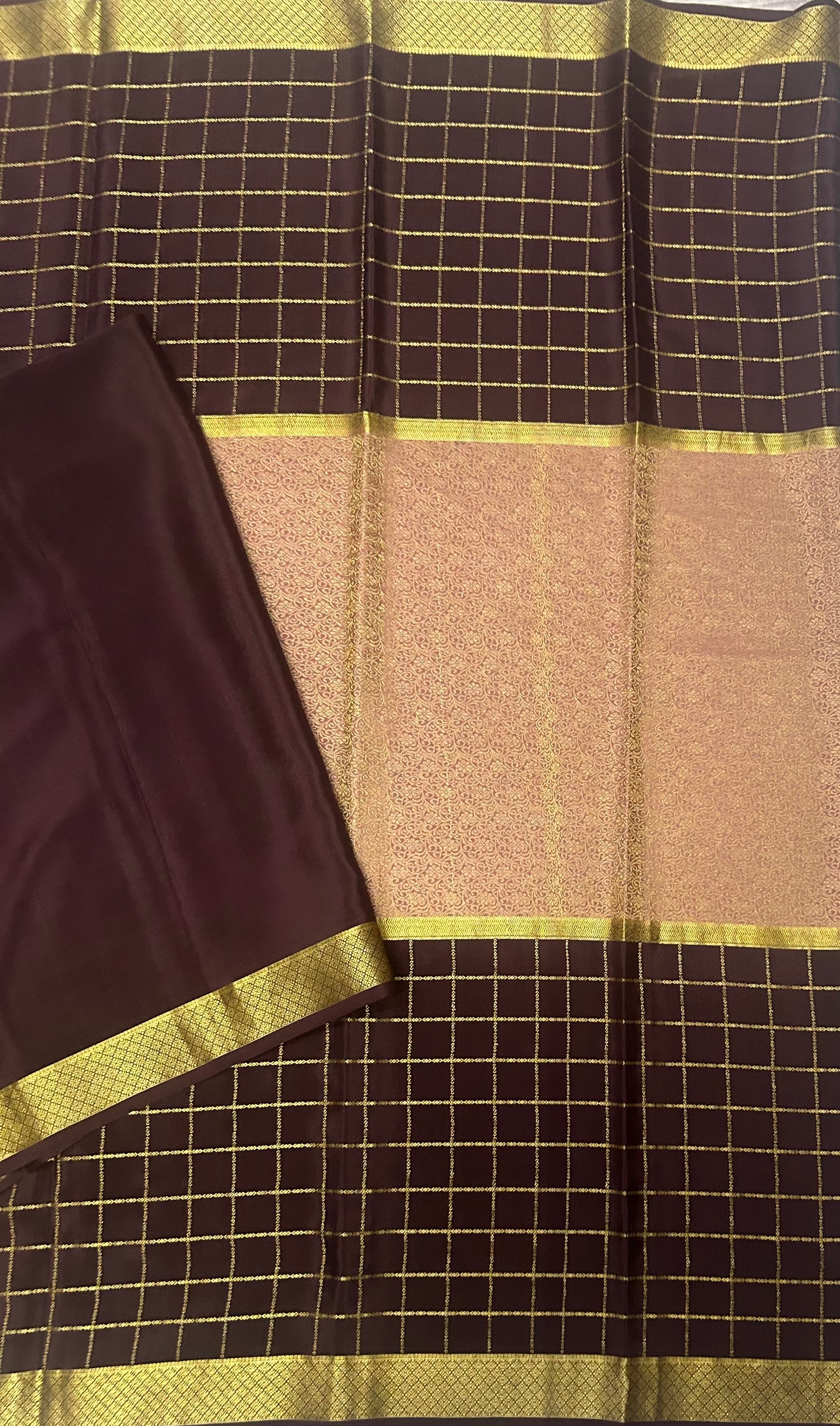 Dark brown n light pink pure Mysore crepe silk 103 saree